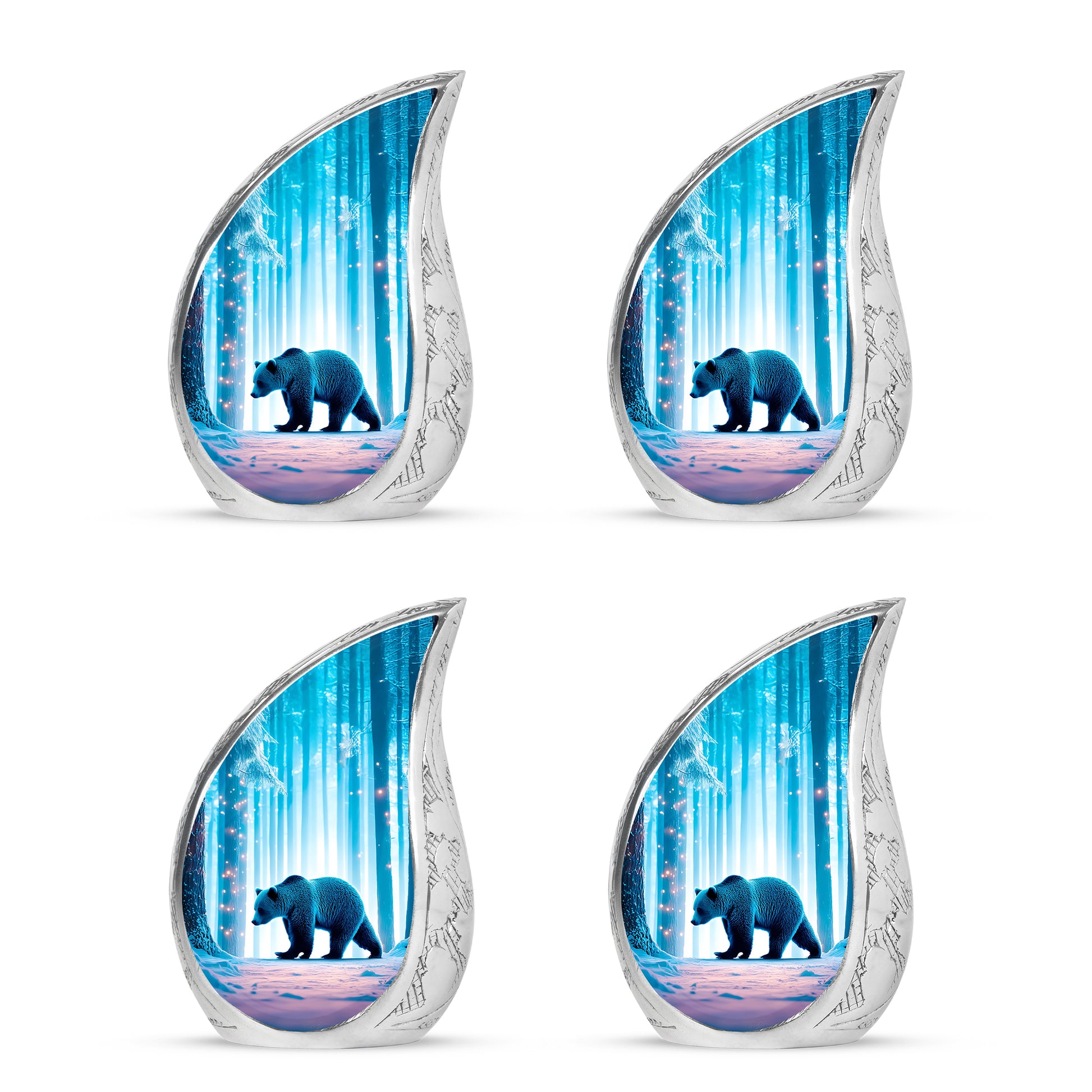 Tropical Teal Bear Cremation Urn close-up of engraving and surface detail - smooth teardrop contour featuring bear art - 10 inch aluminum urn for cremated remains
