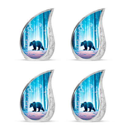 Tropical Teal Bear Cremation Urn close-up of engraving and surface detail - smooth teardrop contour featuring bear art - 10 inch aluminum urn for cremated remains