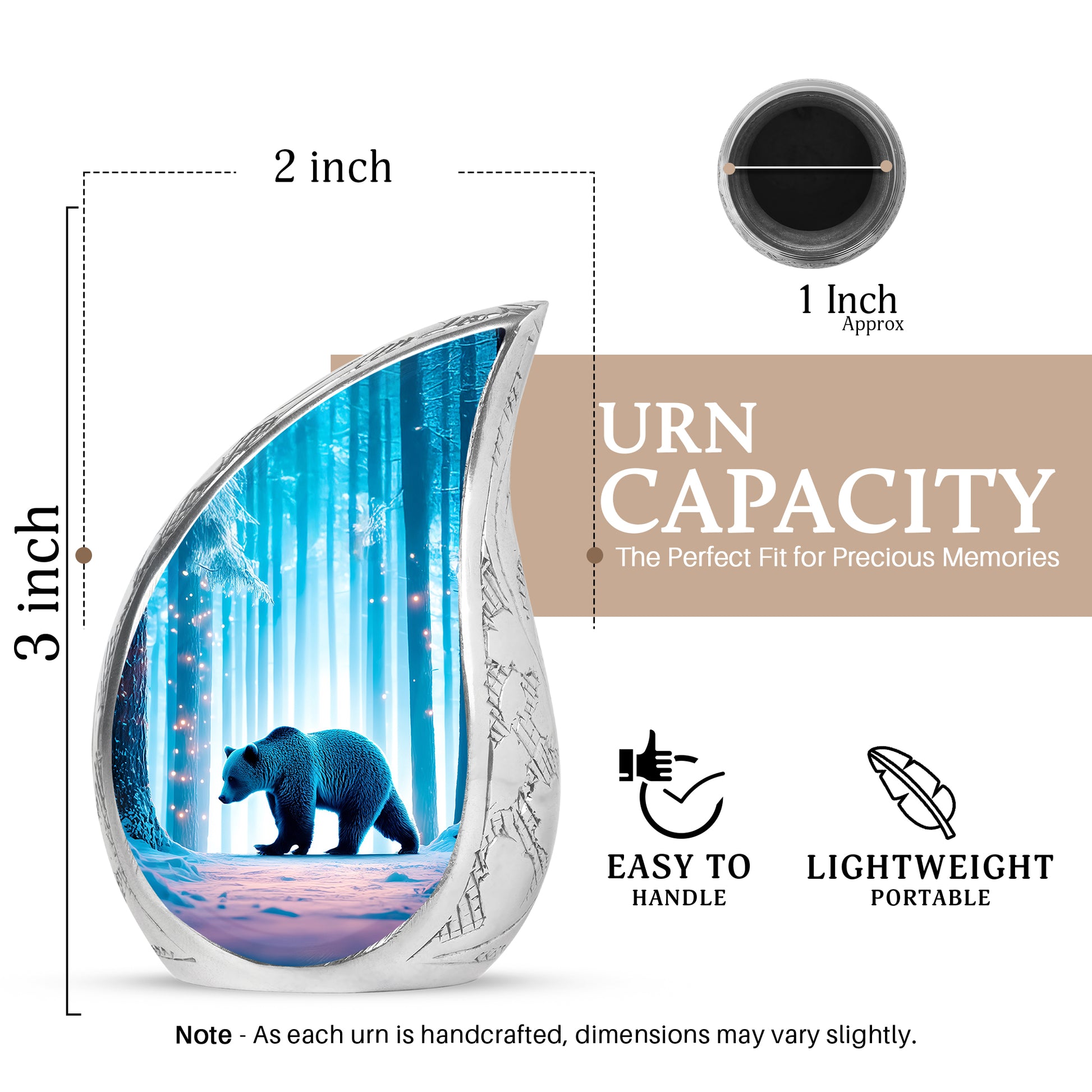 Jewel Teal Bear Cremation Urn angled view of lid and engraved motif - rounded teardrop bear design with delicate detail - mini keepsake memorial for portion of cremation ashes