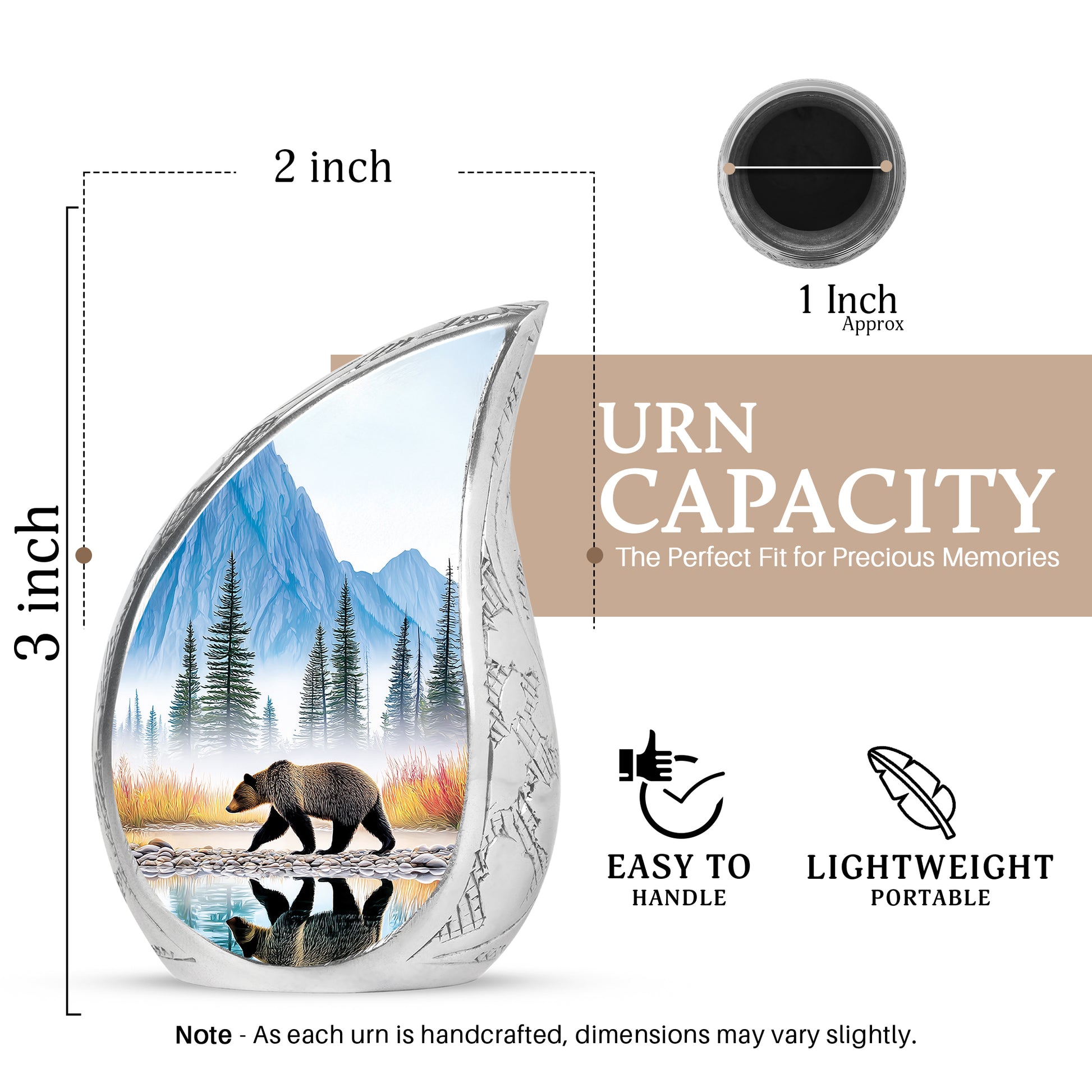 Slate Blue Bear Cremation Urn angled view of lid and engraved motif - flowing teardrop bear silhouette on curved aluminum - mini keepsake memorial for portion of cremation ashes