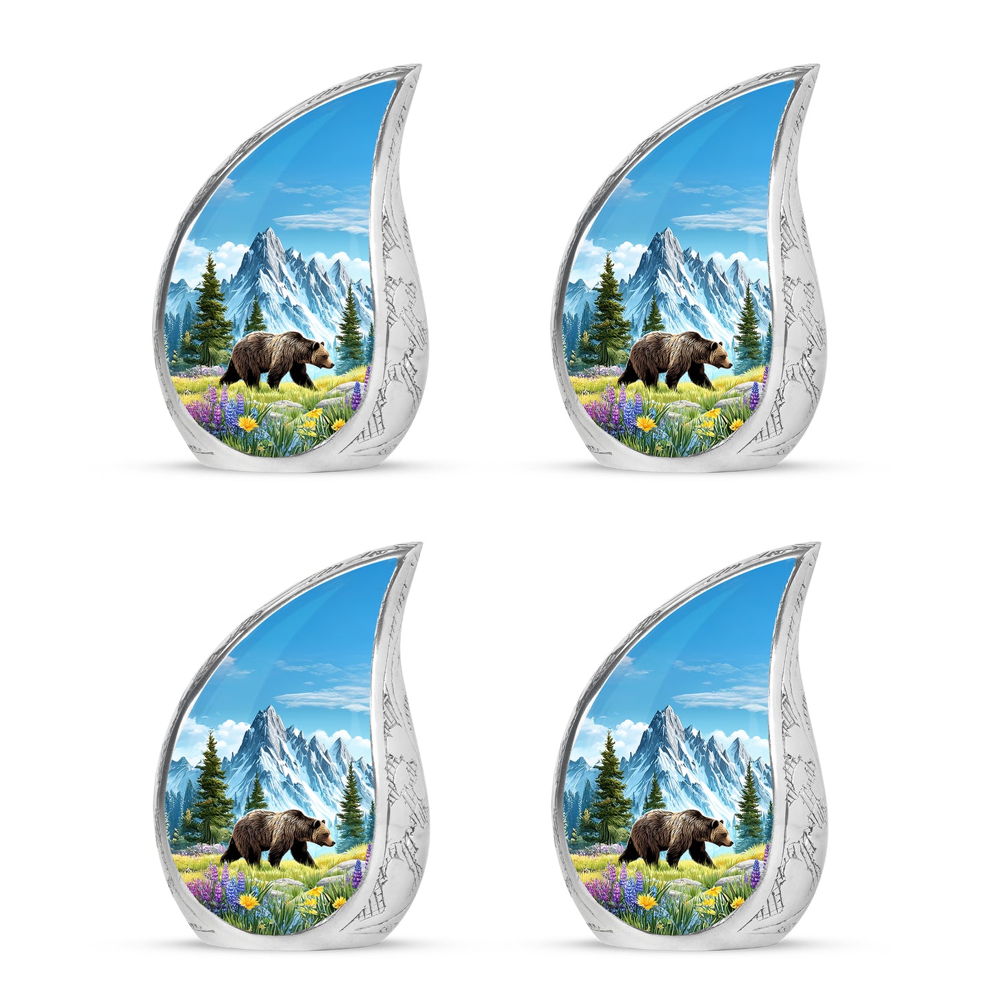 Royal Blue Bear Cremation Urn close-up of engraving and surface detail - smooth teardrop contour featuring bear art - 10 inch aluminum urn for cremated remains