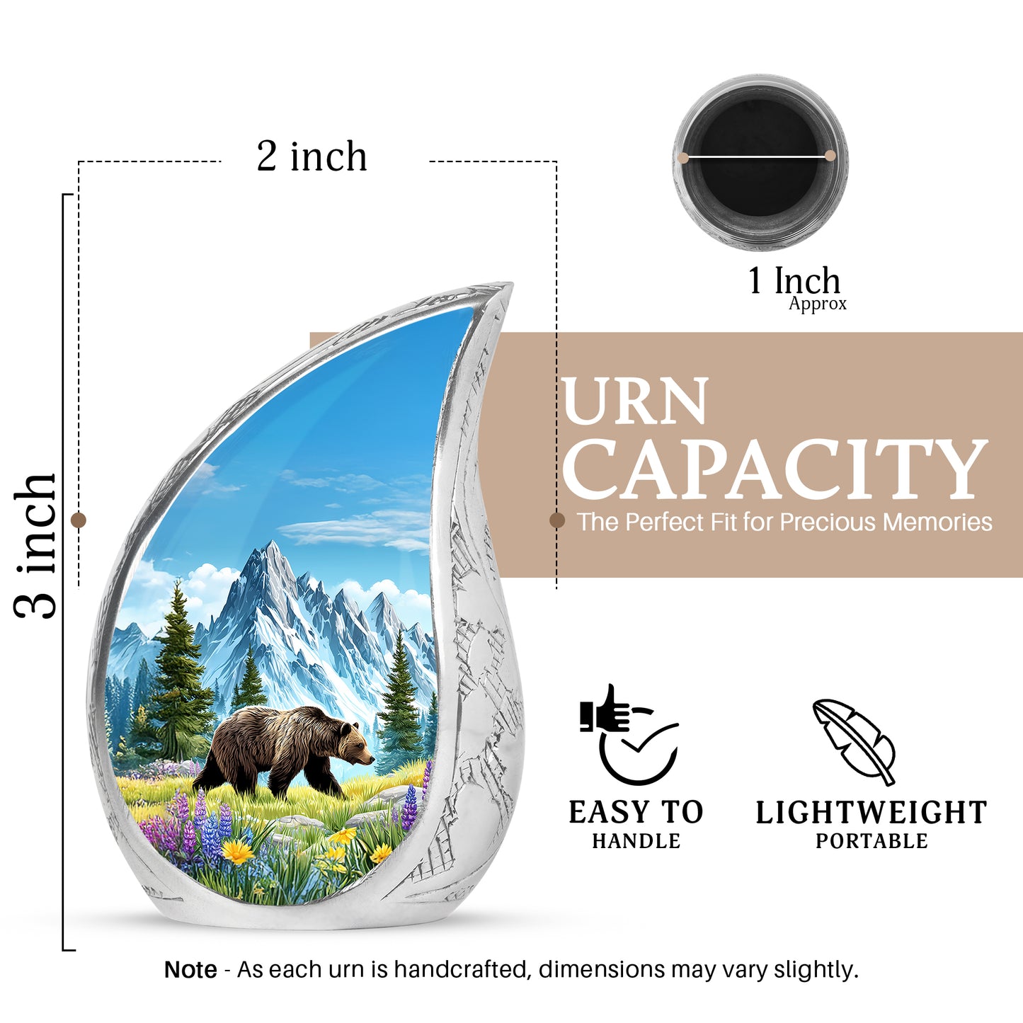 Misty Blue Bear Cremation Urn angled view of lid and engraved motif - flowing teardrop bear silhouette on curved aluminum - mini keepsake memorial for portion of cremation ashes