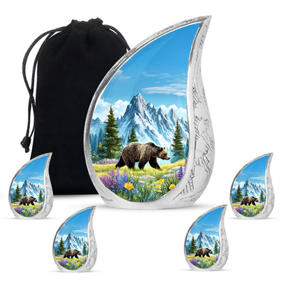 Indigo Bear Cremation Urn side profile showing urn shape - rounded teardrop bear design with delicate detail - memorial set with one large and four small urns