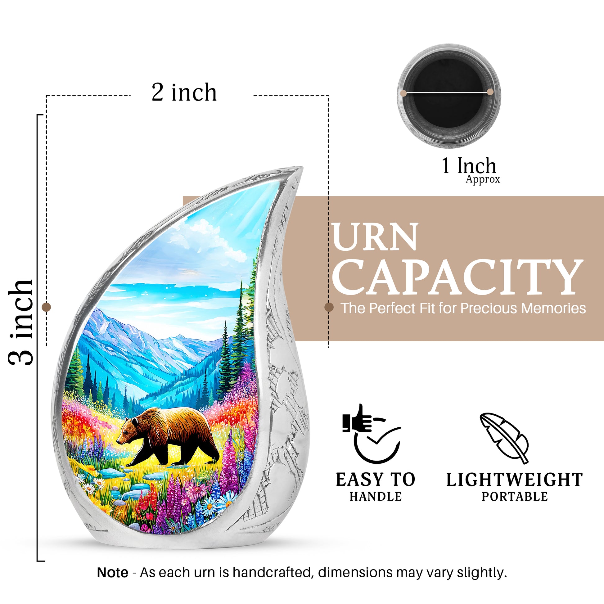 Ocean Teal Bear Cremation Urn angled view of lid and engraved motif - flowing teardrop bear silhouette on curved aluminum - mini keepsake memorial for portion of cremation ashes