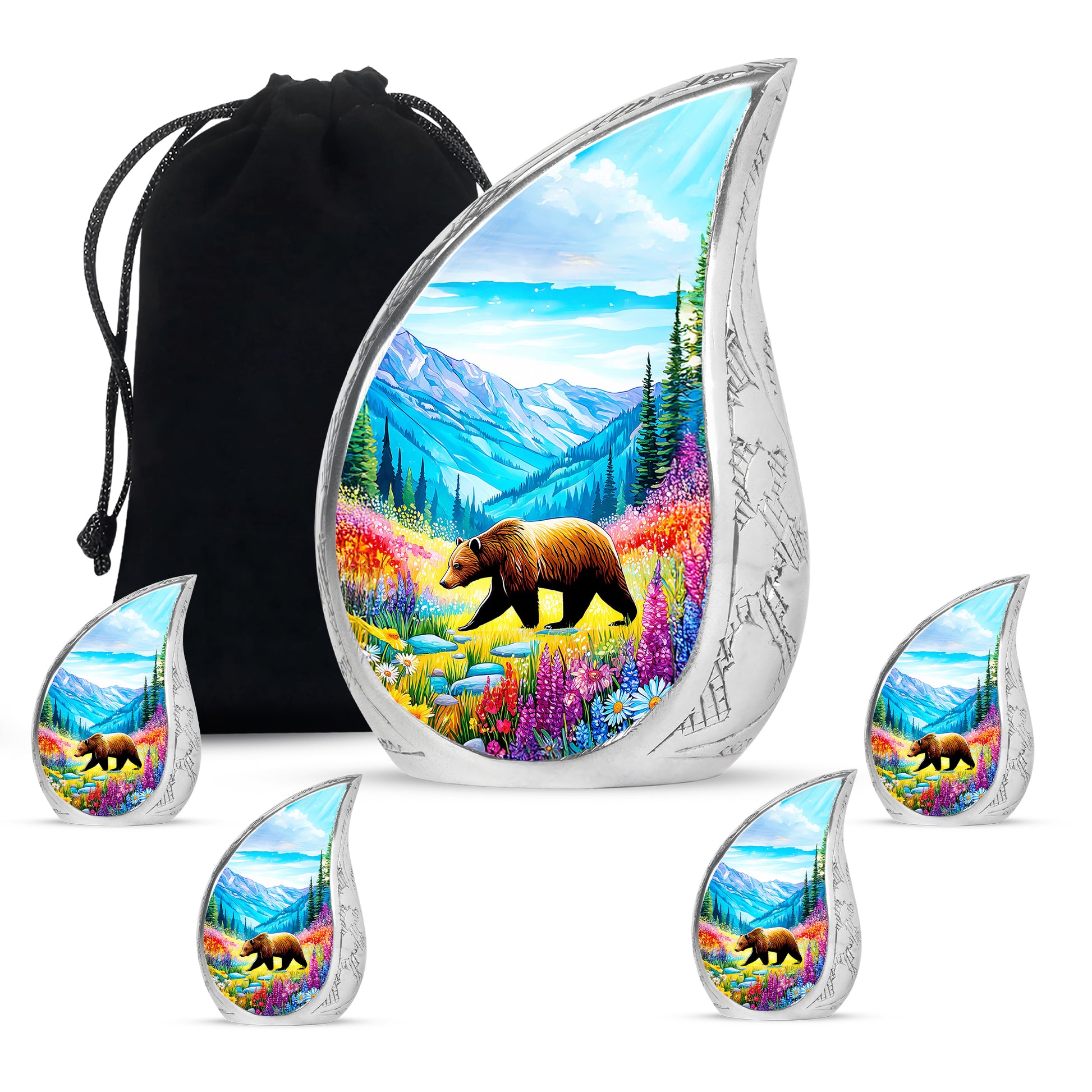 Deep Teal Bear Cremation Urn side profile showing urn shape - smooth teardrop contour featuring bear art - memorial set with one large and four small urns