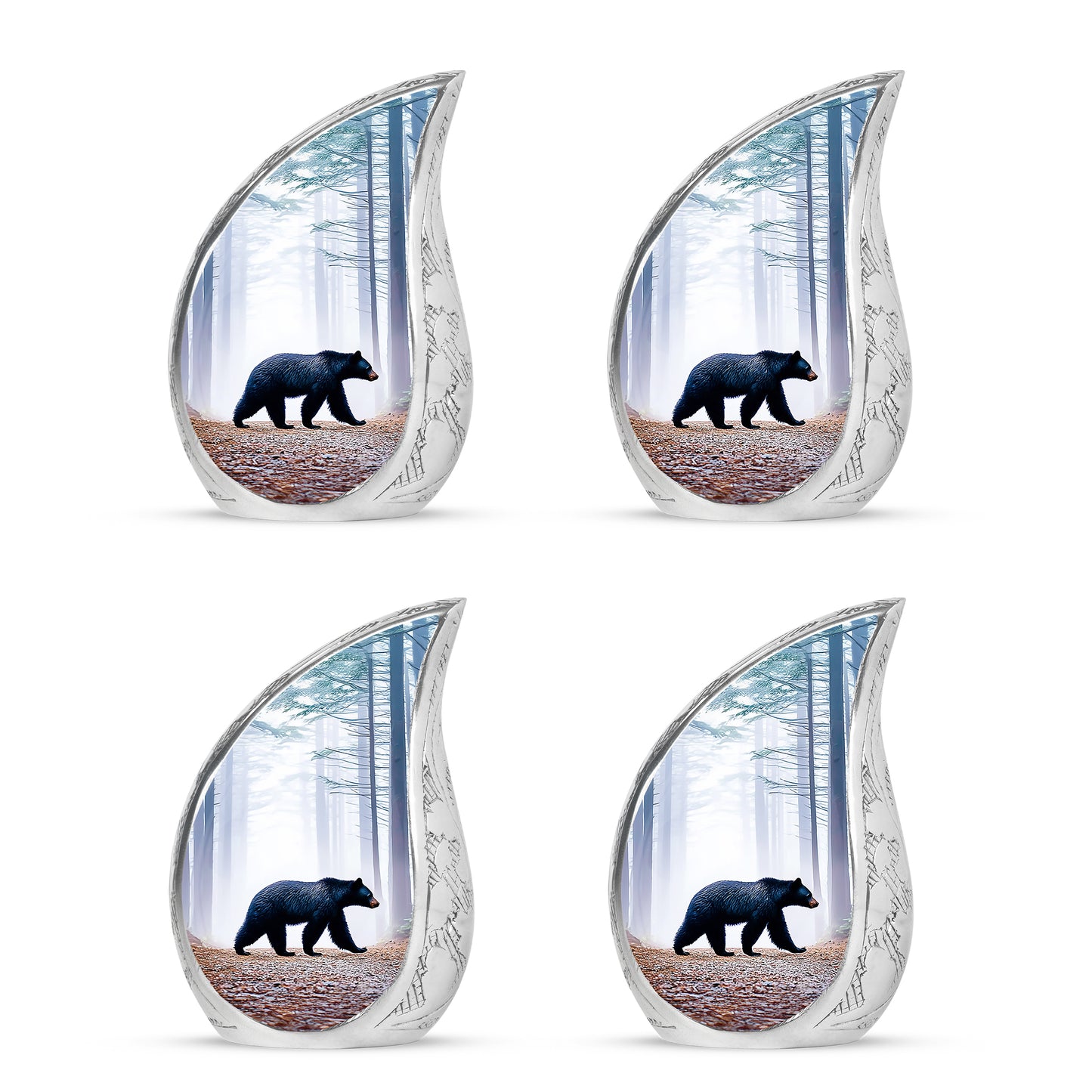 Celestial Blue Bear Cremation Urn close-up of engraving and surface detail - rounded teardrop bear design with delicate detail - 10 inch aluminum urn for cremated remains
