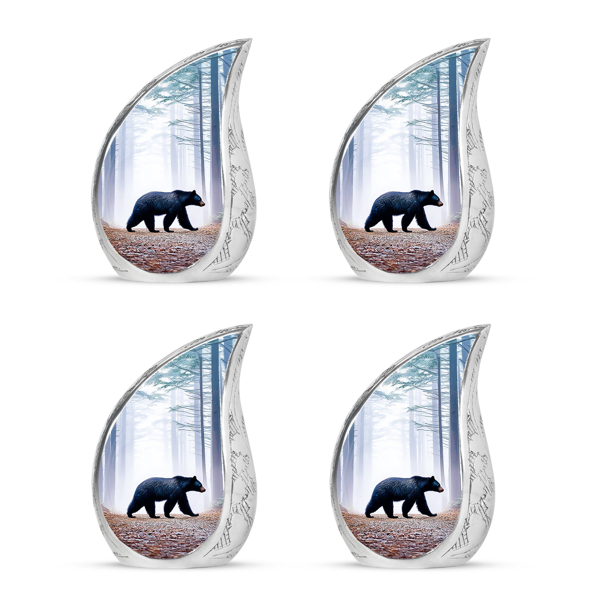 Celestial Blue Bear Cremation Urn close-up of engraving and surface detail - rounded teardrop bear design with delicate detail - 10 inch aluminum urn for cremated remains