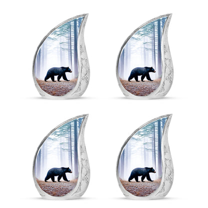 Celestial Blue Bear Cremation Urn close-up of engraving and surface detail - rounded teardrop bear design with delicate detail - 10 inch aluminum urn for cremated remains