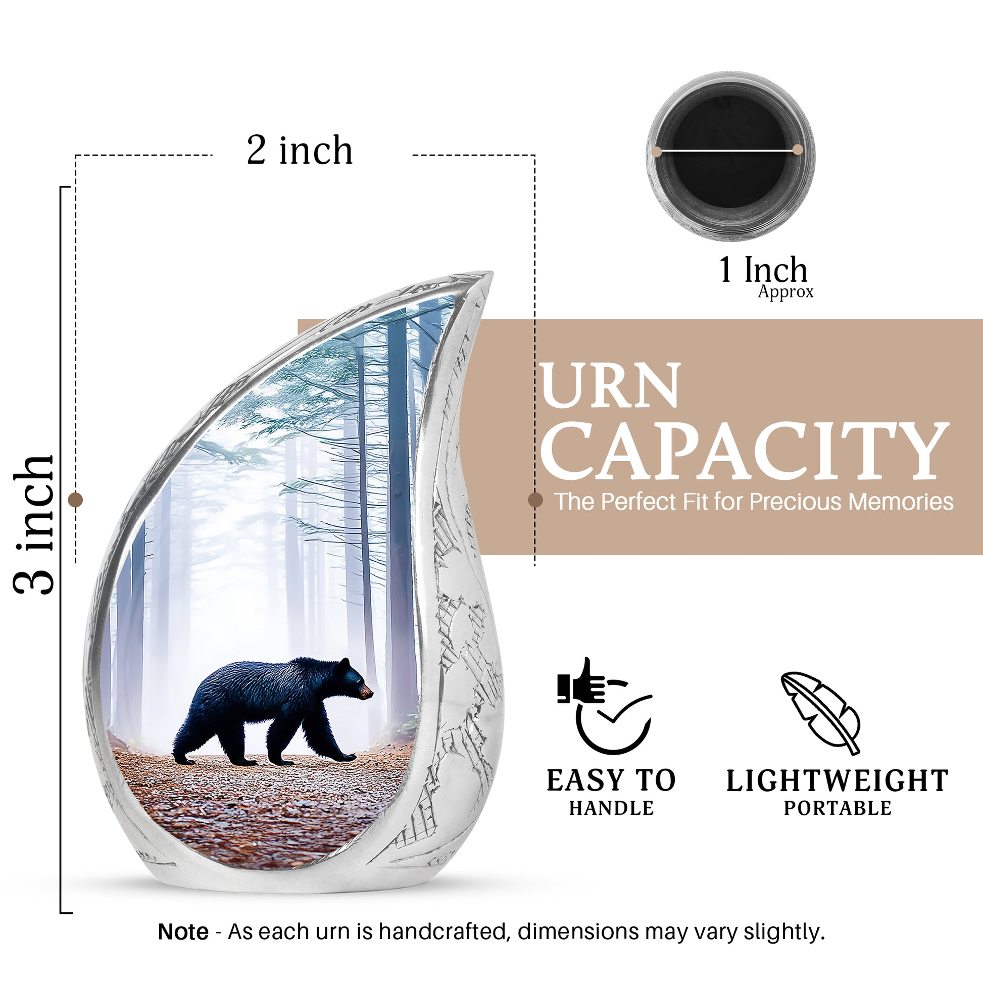 Soft Blue Bear Cremation Urn angled view of lid and engraved motif - smooth teardrop contour featuring bear art - mini keepsake memorial for portion of cremation ashes