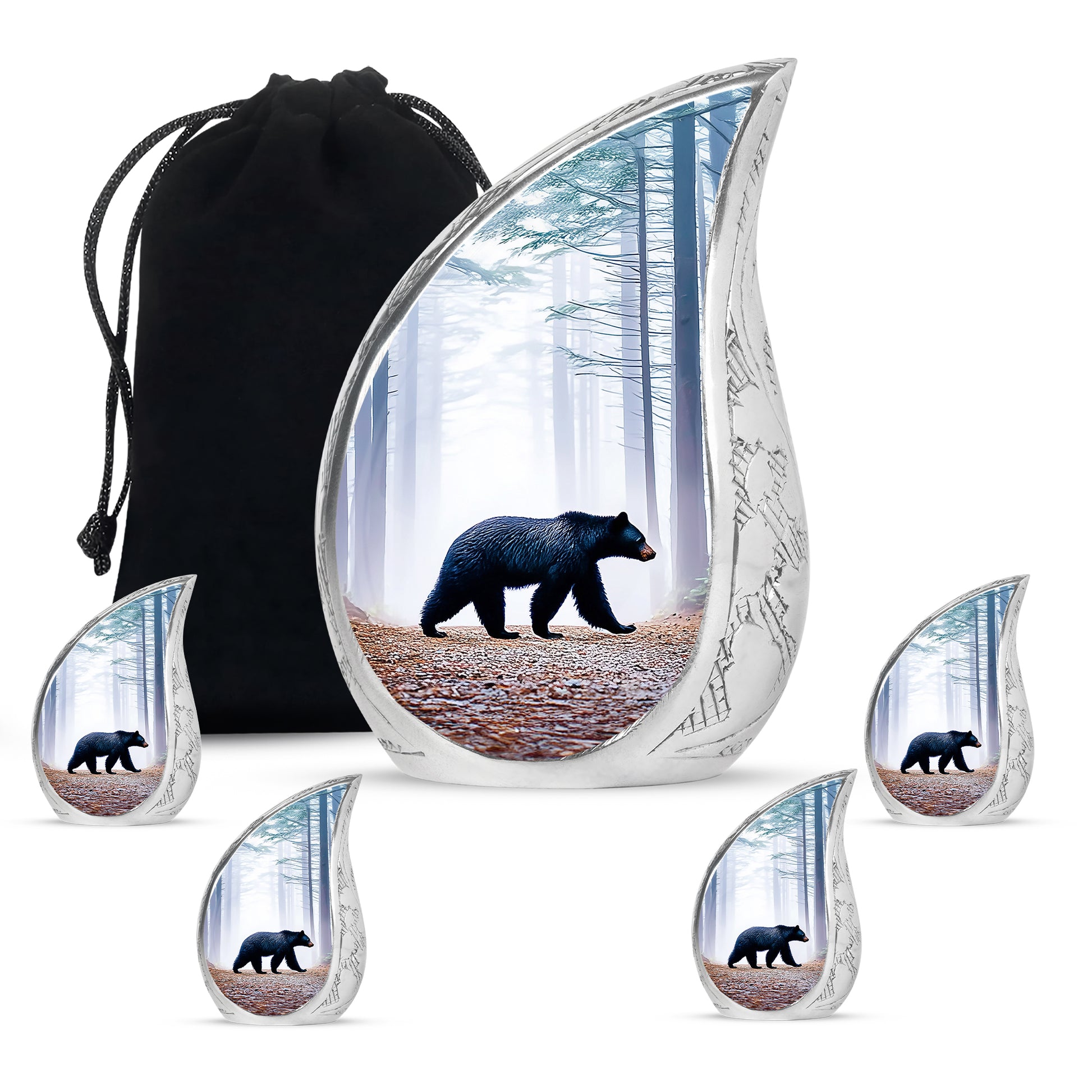 Azure Bear Cremation Urn side profile showing urn shape - rounded teardrop bear design with delicate detail - memorial set with one large and four small urns