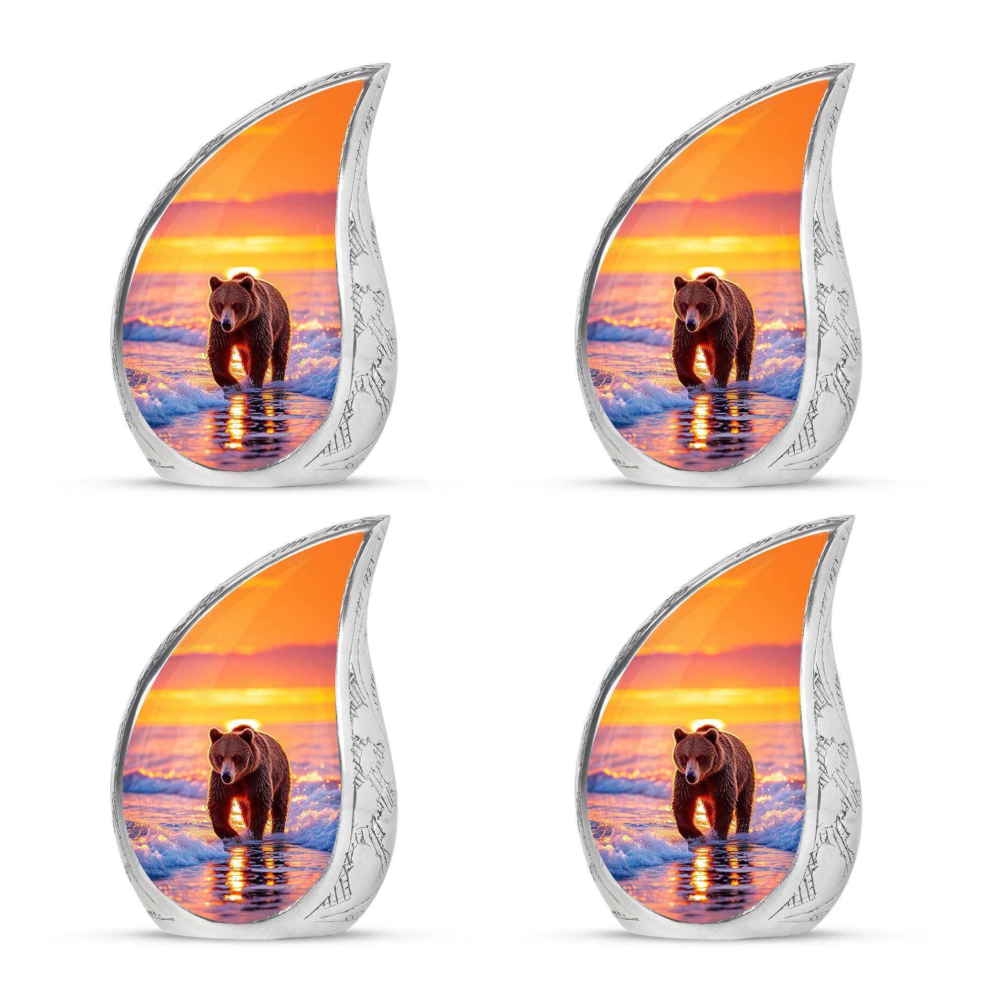 Crimson Red Bear Cremation Urn close-up of engraving and surface detail - rounded teardrop bear design with delicate detail - 10 inch aluminum urn for cremated remains