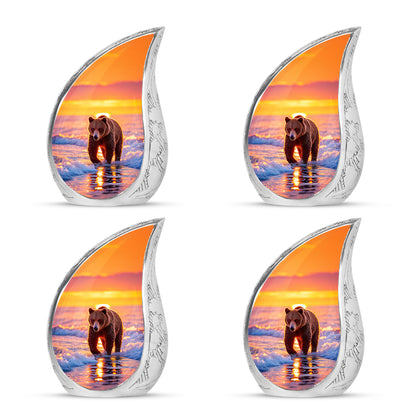 Crimson Red Bear Cremation Urn close-up of engraving and surface detail - rounded teardrop bear design with delicate detail - 10 inch aluminum urn for cremated remains