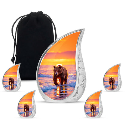Rich Red Bear Cremation Urn side profile showing urn shape - smooth teardrop contour featuring bear art - memorial set with one large and four small urns