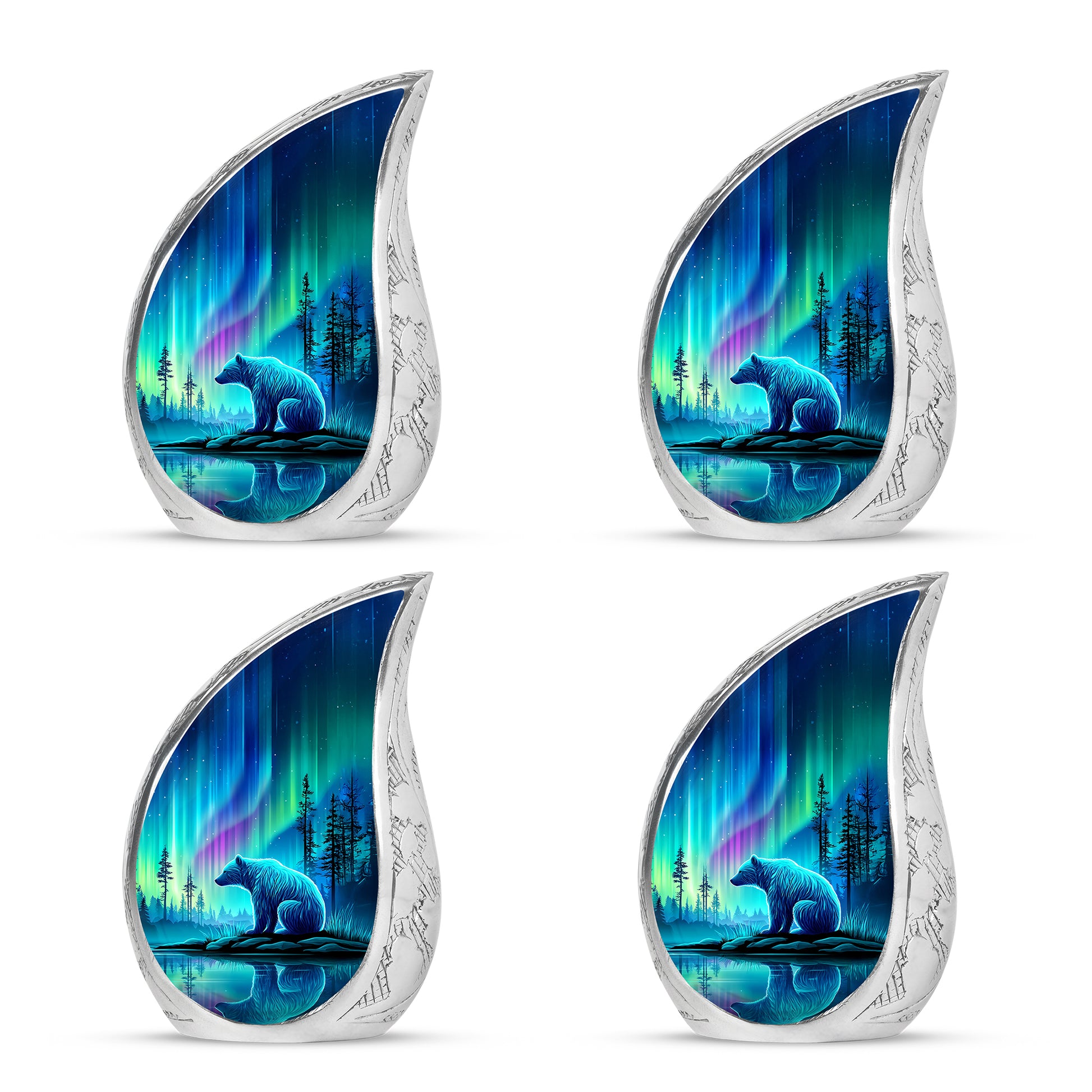 Indigo Bear Cremation Urn close-up of engraving and surface detail - rounded teardrop bear design with delicate detail - 10 inch aluminum urn for cremated remains