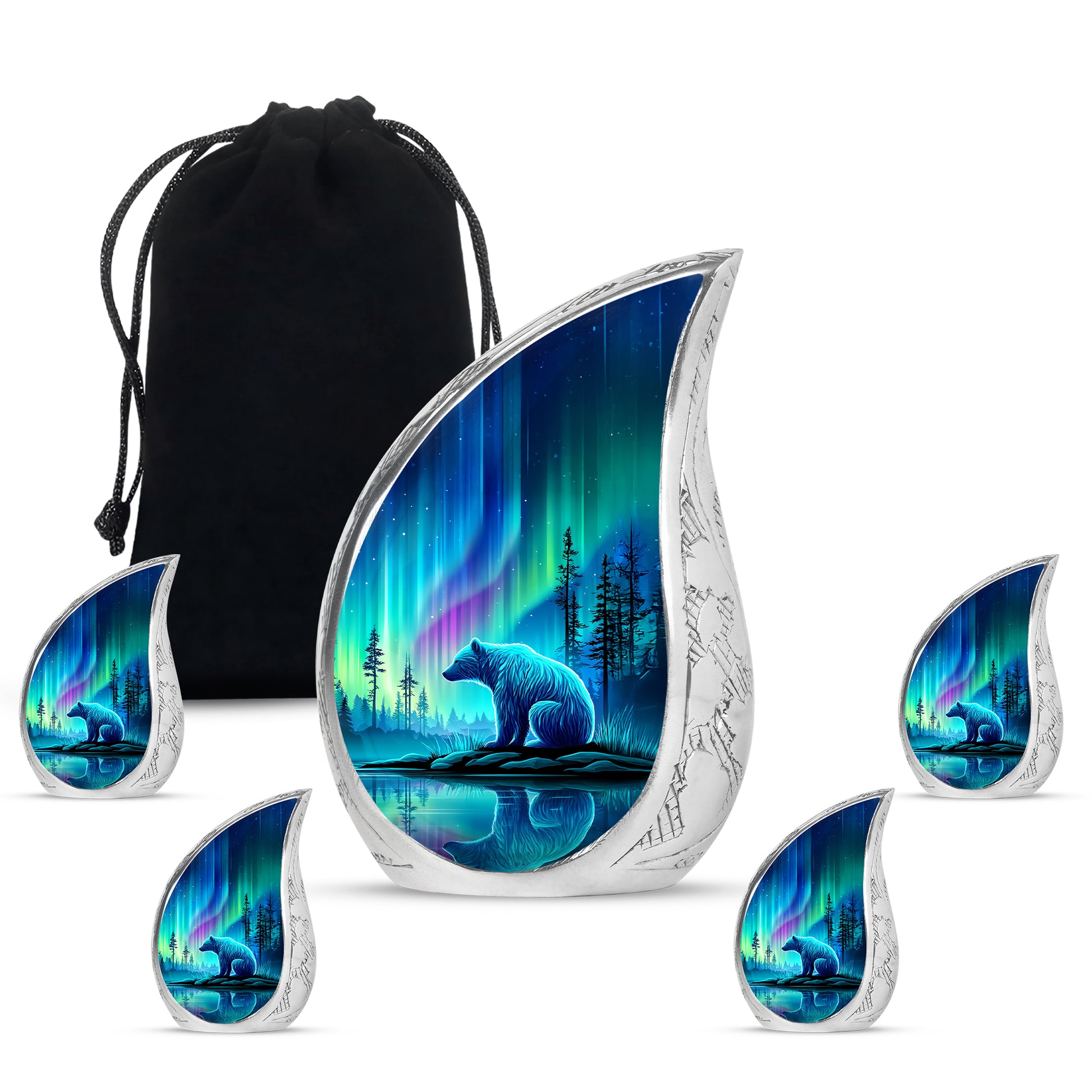 Steel Blue Bear Cremation Urn side profile showing urn shape - smooth teardrop contour featuring bear art - memorial set with one large and four small urns
