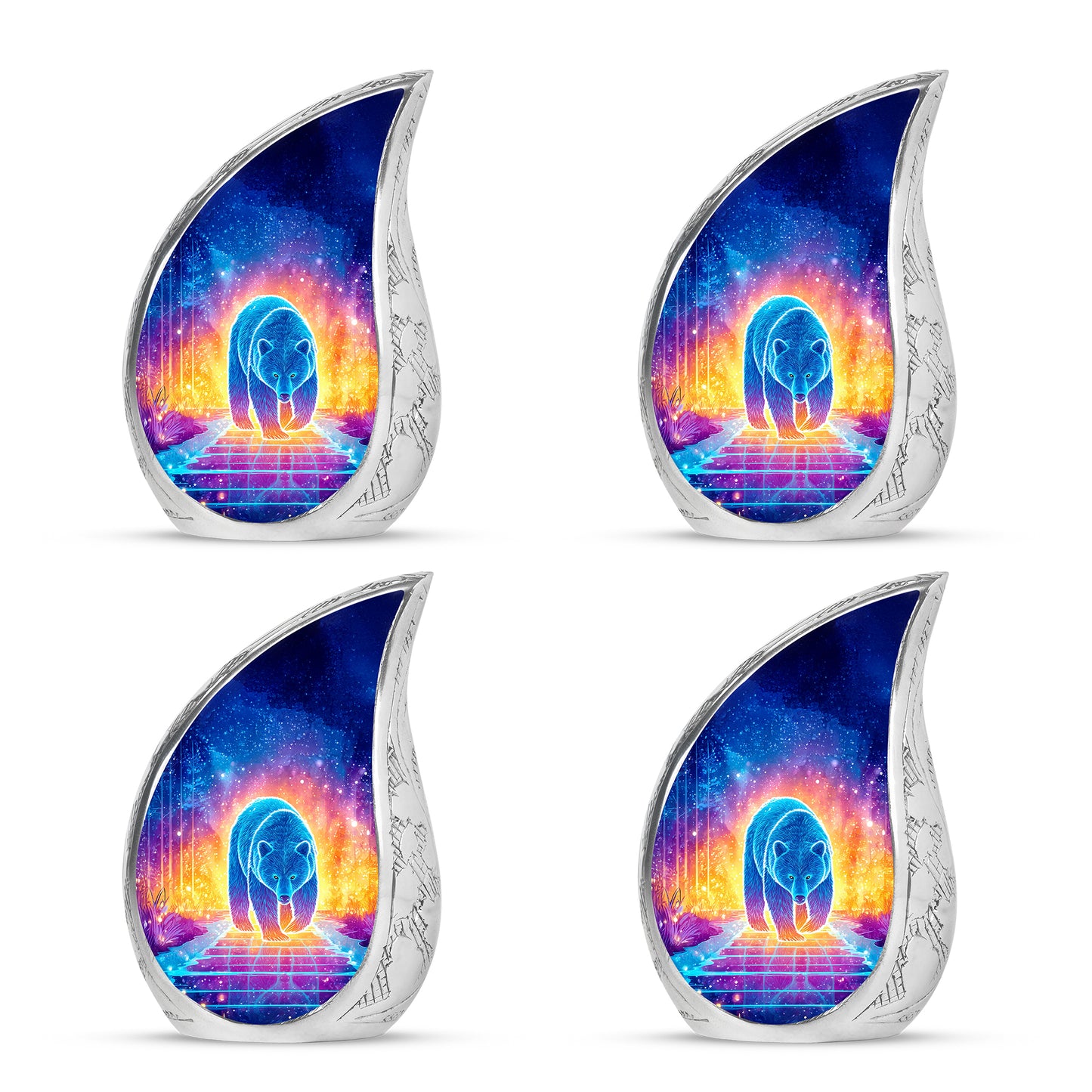 Charcoal Black Bear Cremation Urn close-up of engraving and surface detail - smooth teardrop contour featuring bear art - 10 inch aluminum urn for cremated remains