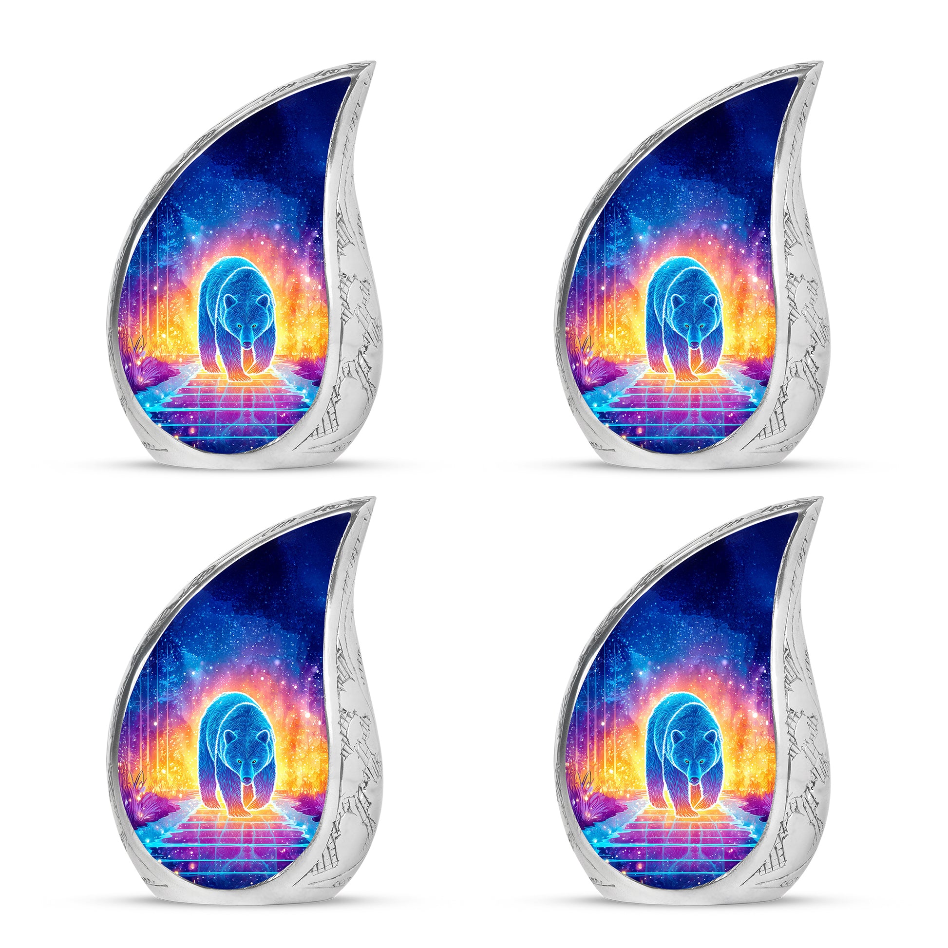 Charcoal Black Bear Cremation Urn close-up of engraving and surface detail - smooth teardrop contour featuring bear art - 10 inch aluminum urn for cremated remains