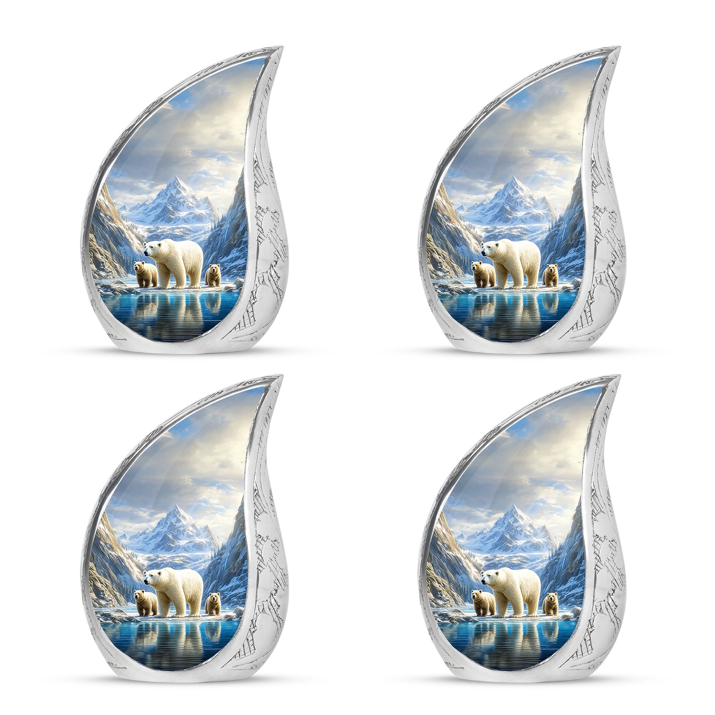 Dusty Blue Bear Cremation Urn close-up of engraving and surface detail - rounded teardrop bear design with delicate detail - 10 inch aluminum urn for cremated remains