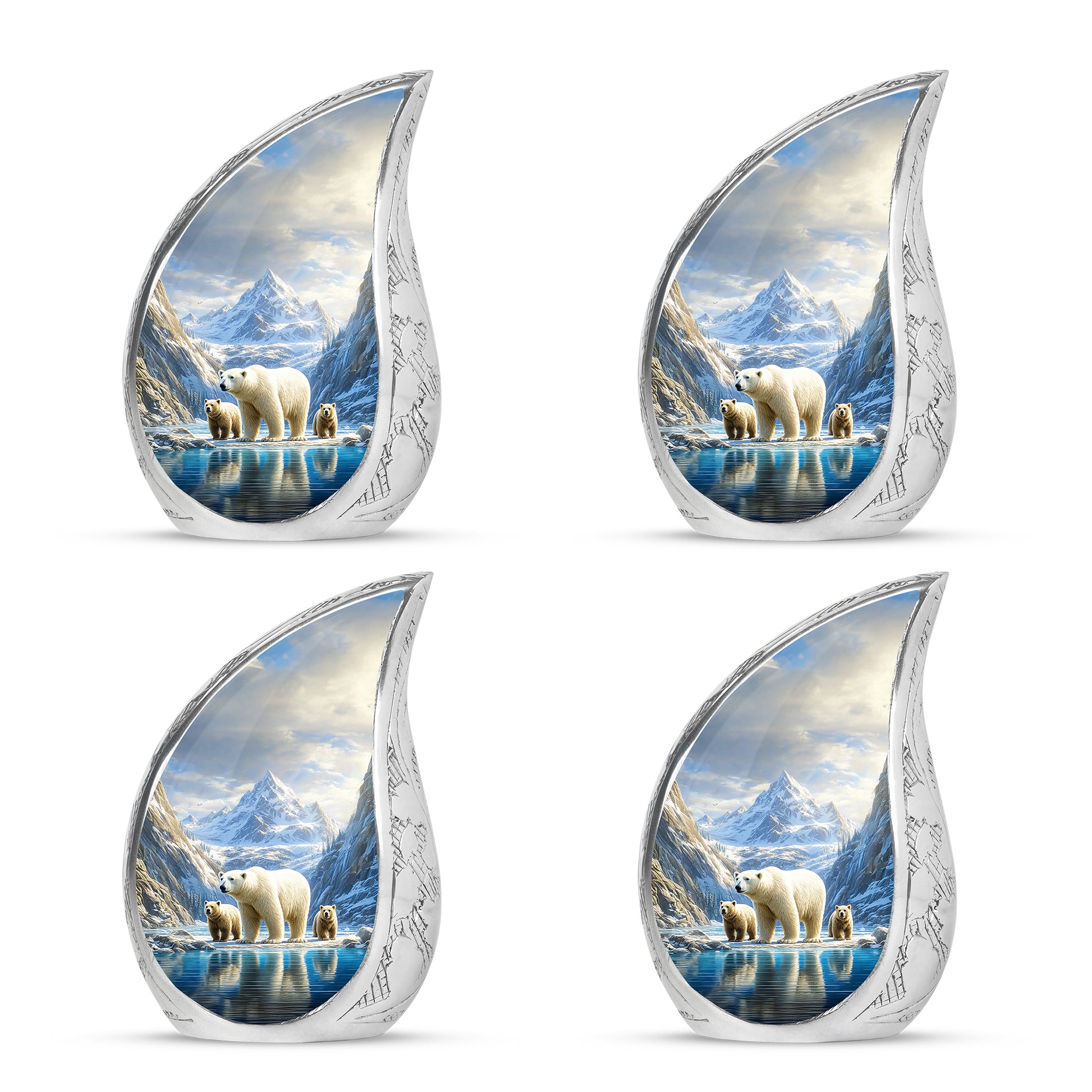 Dusty Blue Bear Cremation Urn close-up of engraving and surface detail - rounded teardrop bear design with delicate detail - 10 inch aluminum urn for cremated remains