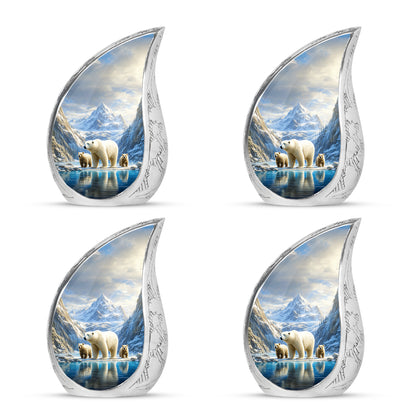 Dusty Blue Bear Cremation Urn close-up of engraving and surface detail - rounded teardrop bear design with delicate detail - 10 inch aluminum urn for cremated remains