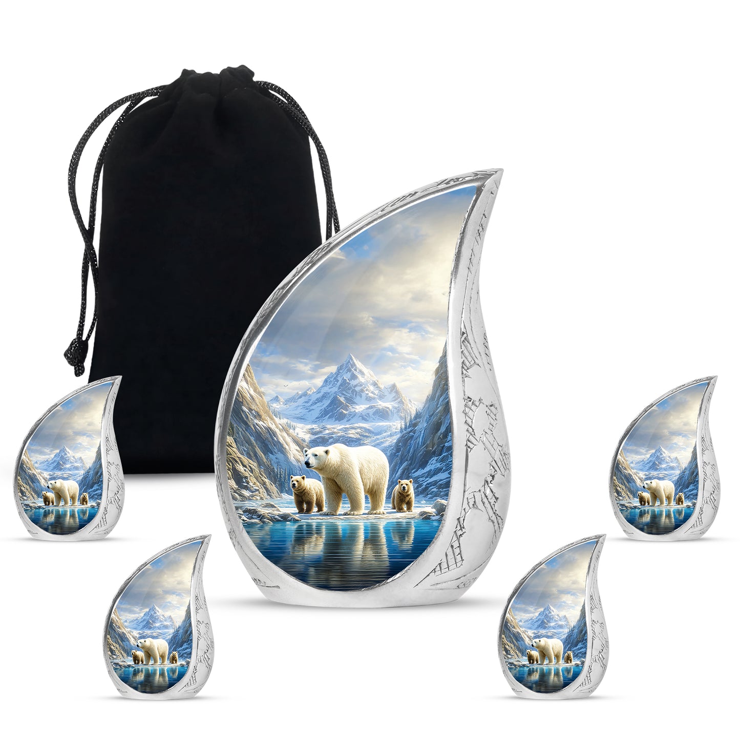 Cornflower Blue Bear Cremation Urn side profile showing urn shape - smooth teardrop contour featuring bear art - memorial set with one large and four small urns