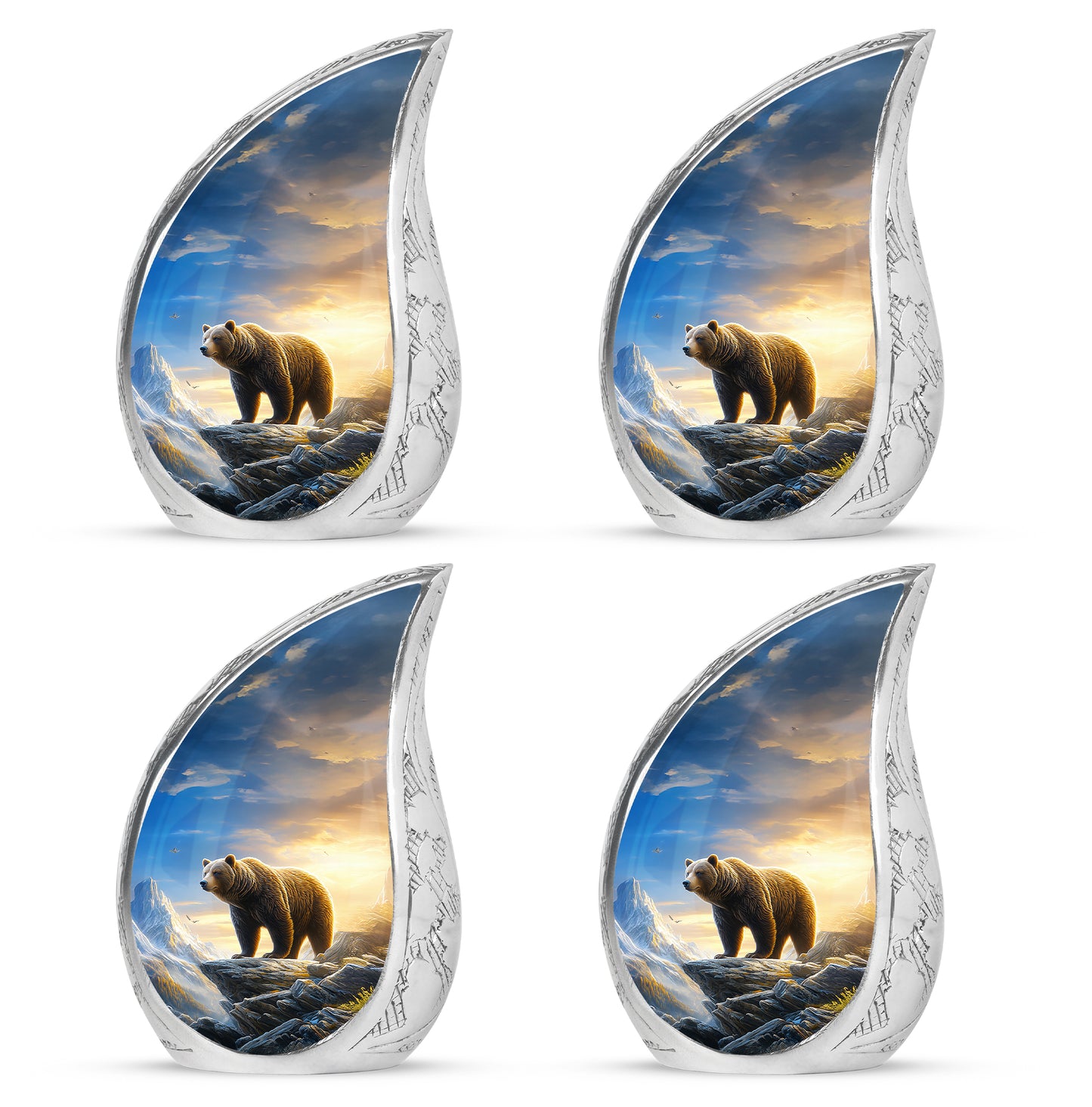 Cornflower Blue Bear Cremation Urn close-up of engraving and surface detail - smooth teardrop contour featuring bear art - 10 inch aluminum urn for cremated remains