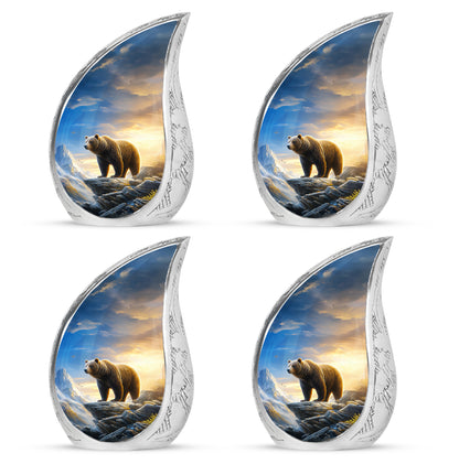 Cornflower Blue Bear Cremation Urn close-up of engraving and surface detail - smooth teardrop contour featuring bear art - 10 inch aluminum urn for cremated remains