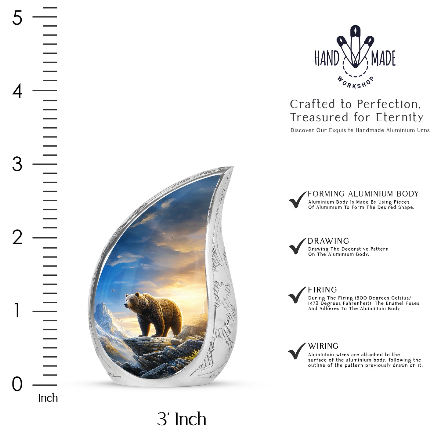 Steel Blue Bear Cremation Urn angled view of lid and engraved motif - smooth teardrop contour featuring bear art - mini keepsake memorial for portion of cremation ashes