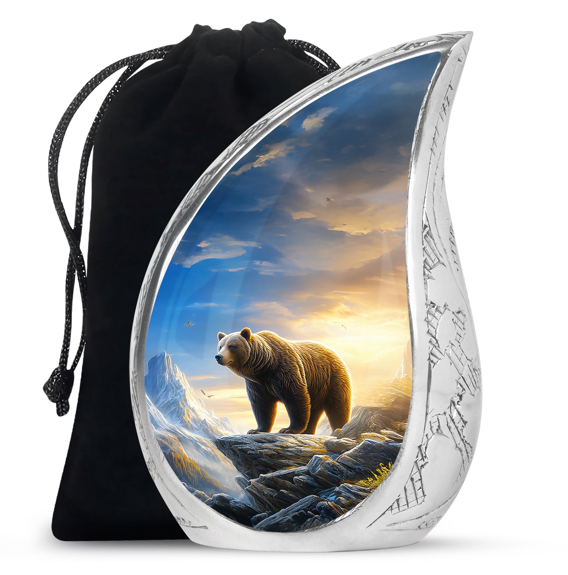 Navy Blue Bear Cremation Urn front view showing detailed design - flowing teardrop bear silhouette on curved aluminum - full-size 10 inch 200 cubic inch adult cremation urn