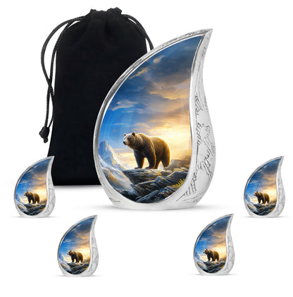 Sapphire Blue Bear Cremation Urn side profile showing urn shape - graceful tear-shaped urn with bear motif - memorial set with one large and four small urns