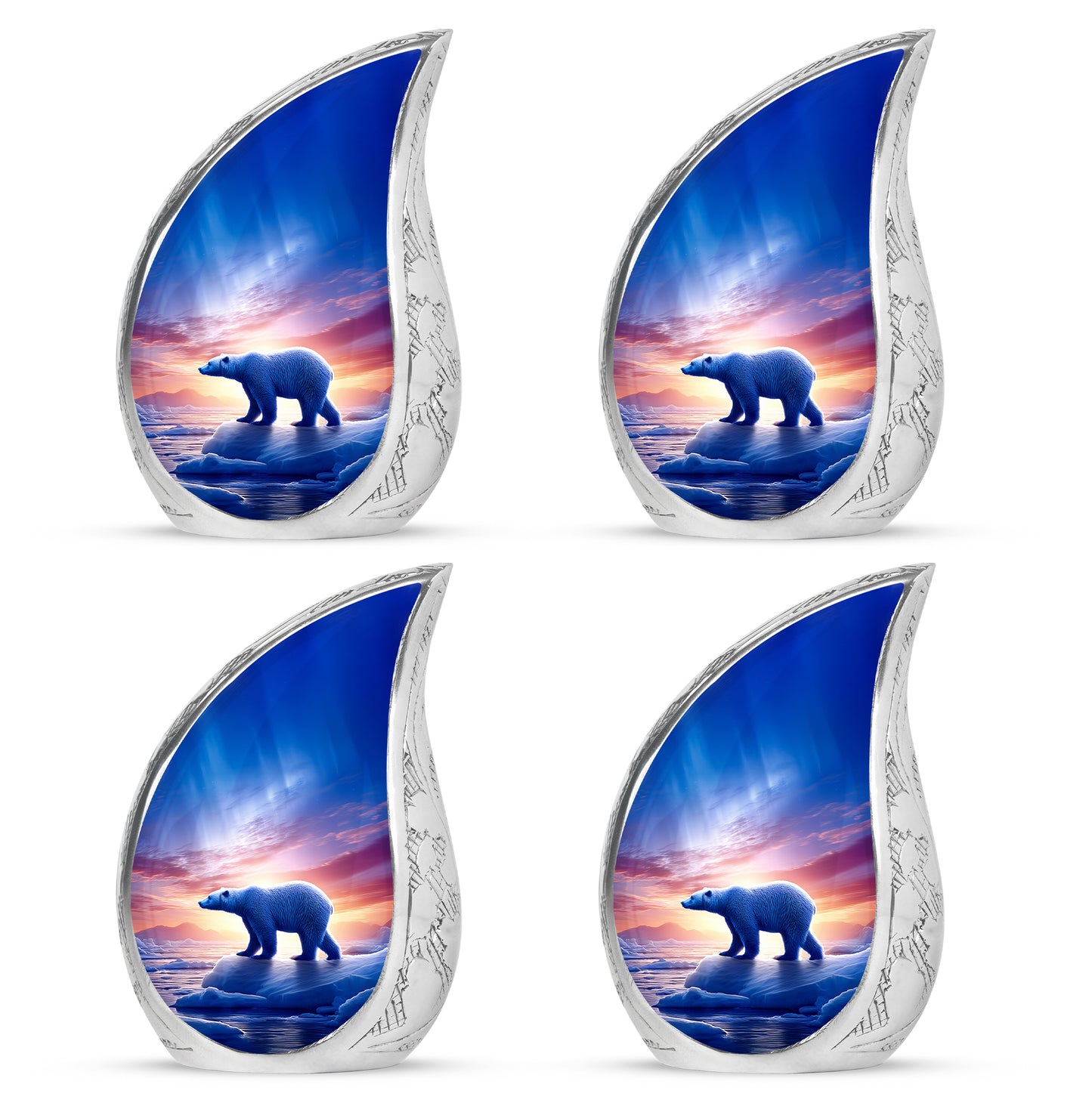 Pastel Blue Bear Cremation Urn close-up of engraving and surface detail - flowing teardrop bear silhouette on curved aluminum - 10 inch aluminum urn for cremated remains