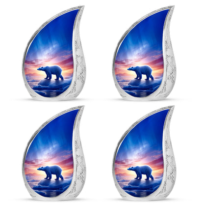 Pastel Blue Bear Cremation Urn close-up of engraving and surface detail - flowing teardrop bear silhouette on curved aluminum - 10 inch aluminum urn for cremated remains