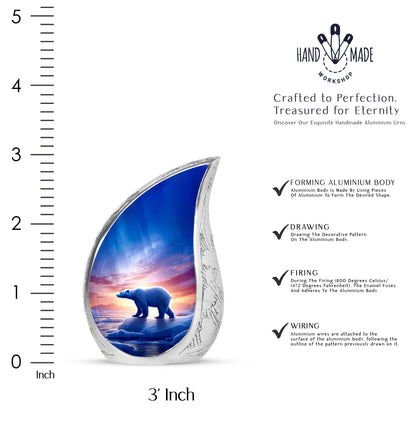Calming Blue Bear Cremation Urn angled view of lid and engraved motif - graceful tear-shaped urn with bear motif - mini keepsake memorial for portion of cremation ashes