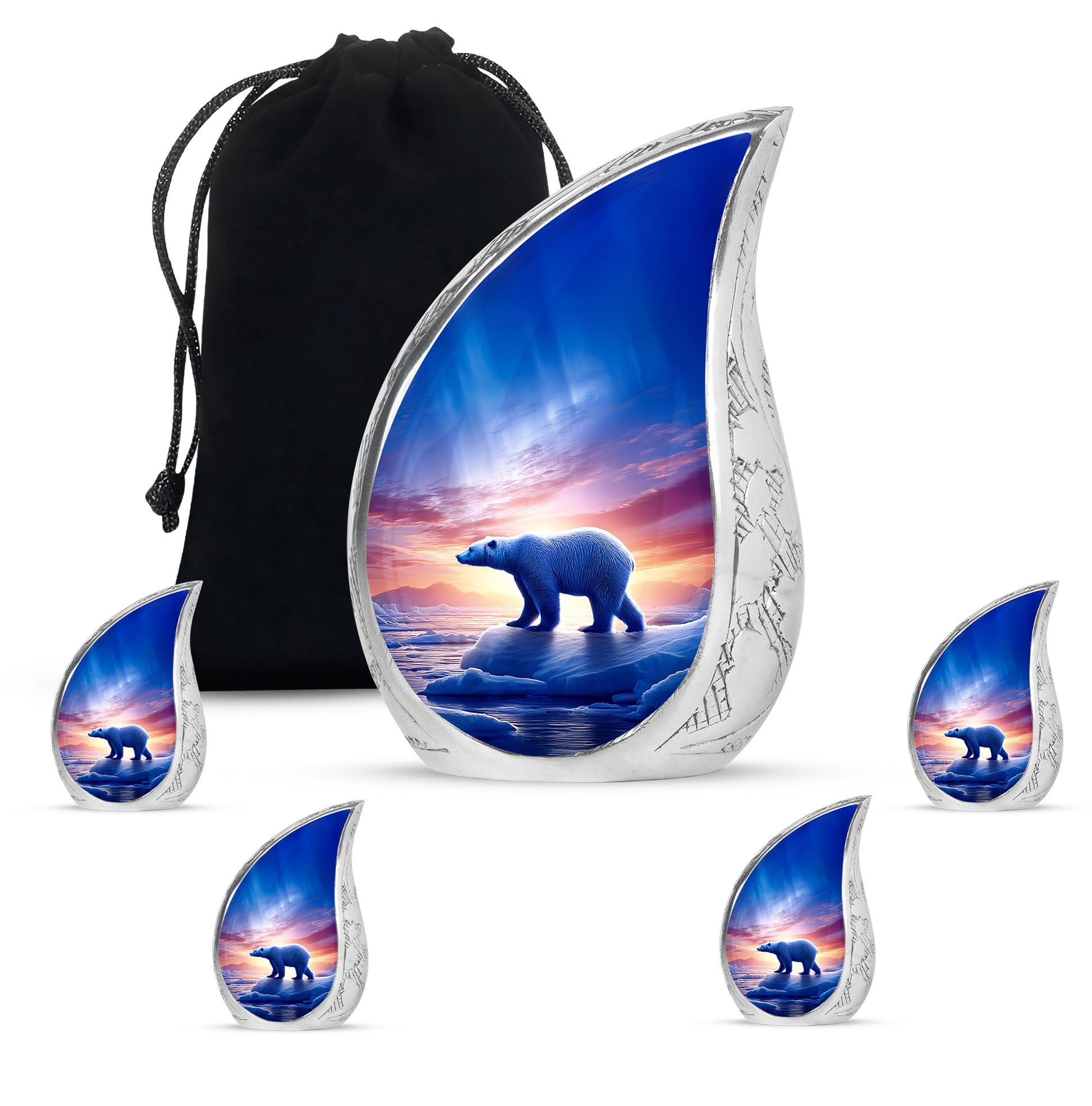 Sky Blue Bear Cremation Urn side profile showing urn shape - rounded teardrop bear design with delicate detail - memorial set with one large and four small urns