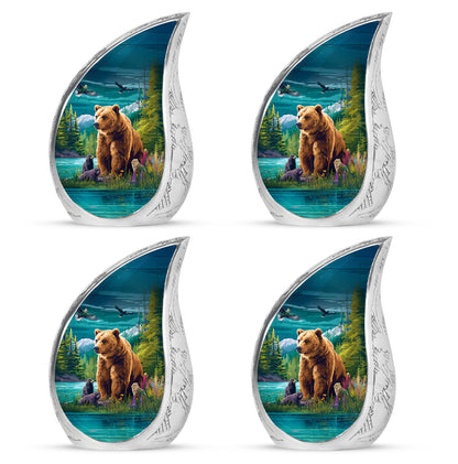 Tropical Teal Bear Cremation Urn close-up of engraving and surface detail - smooth teardrop contour featuring bear art - 10 inch aluminum urn for cremated remains