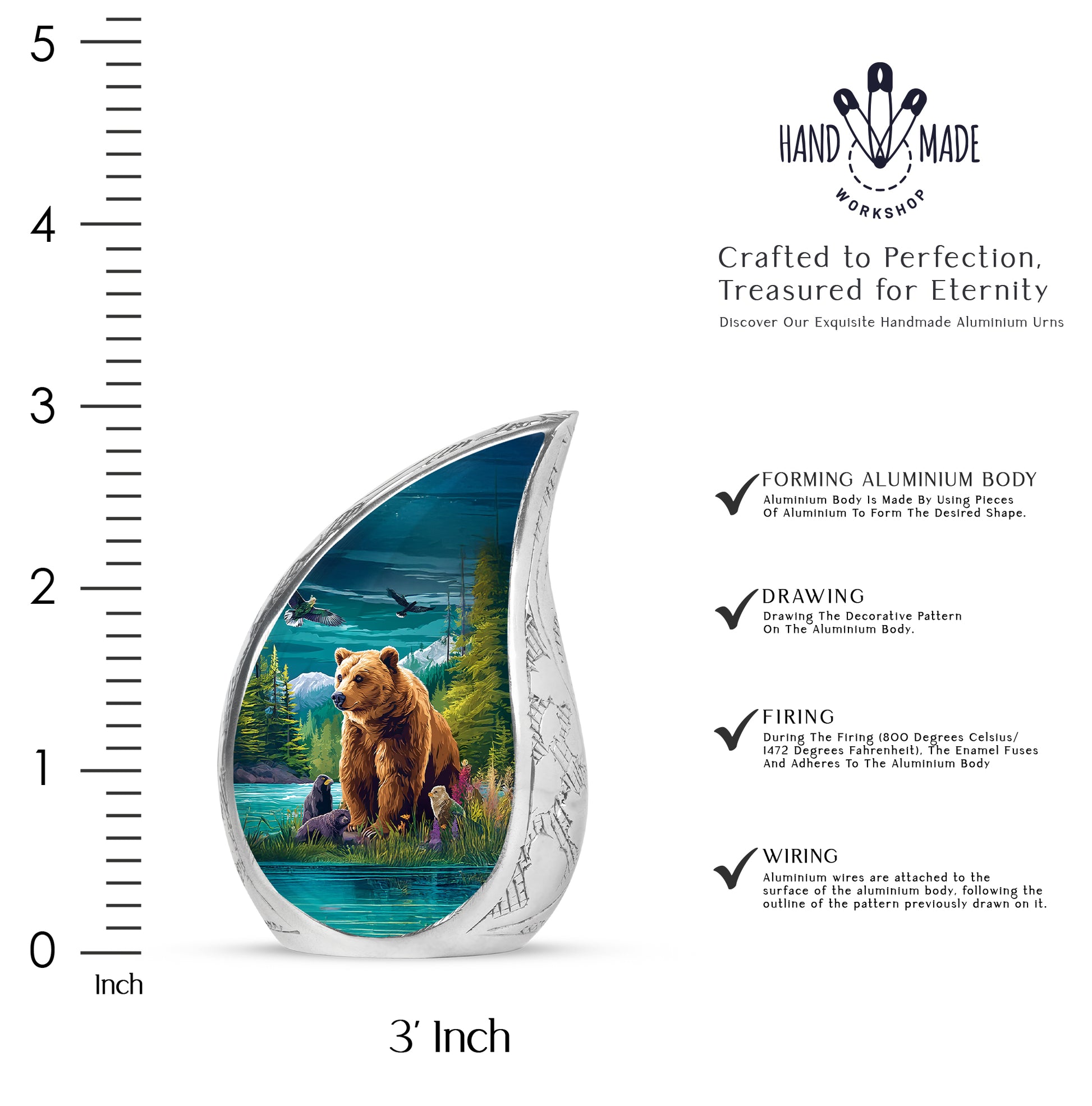 Ocean Teal Bear Cremation Urn angled view of lid and engraved motif - flowing teardrop bear silhouette on curved aluminum - mini keepsake memorial for portion of cremation ashes
