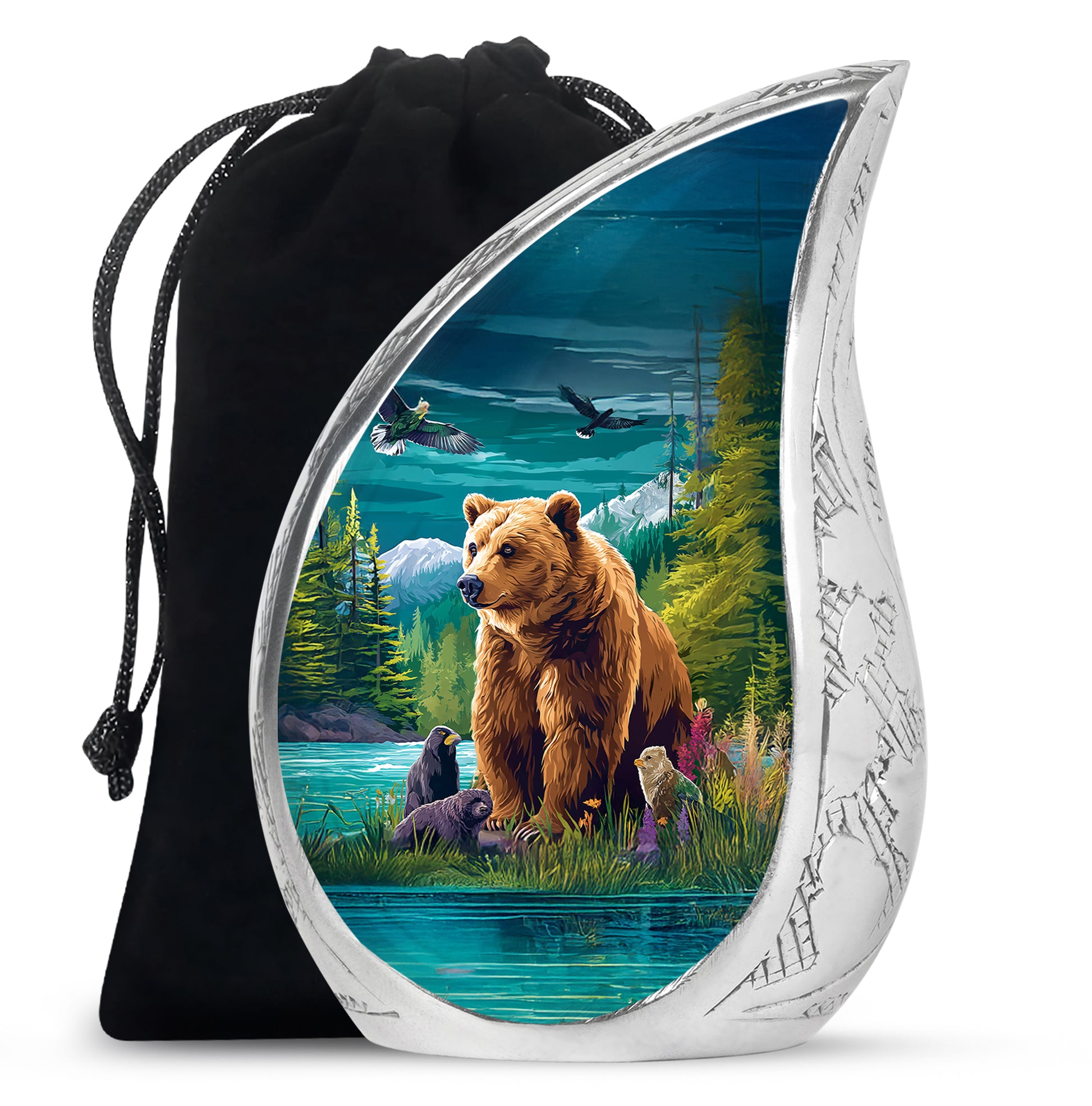 Deep Teal Bear Cremation Urn front view showing detailed design - graceful tear-shaped urn with bear motif - full-size 10 inch 200 cubic inch adult cremation urn