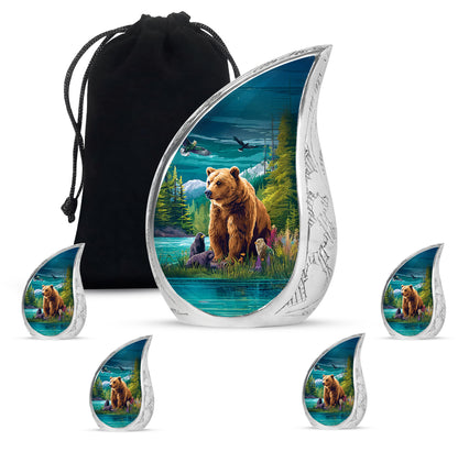 Jewel Teal Bear Cremation Urn side profile showing urn shape - rounded teardrop bear design with delicate detail - memorial set with one large and four small urns