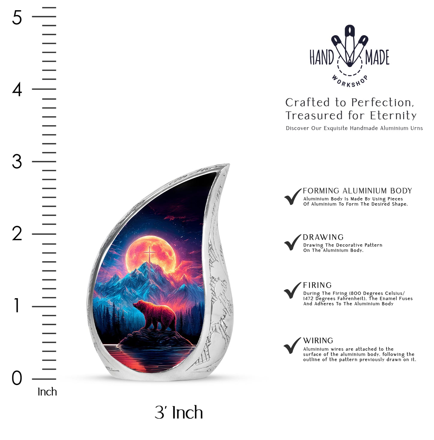 Pastel Blue Bear Cremation Urn angled view of lid and engraved motif - rounded teardrop bear design with delicate detail - mini keepsake memorial for portion of cremation ashes