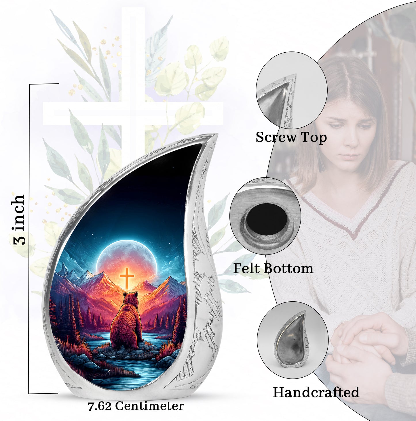 Sapphire Blue Bear Cremation Urn angled view of lid and engraved motif - graceful tear-shaped urn with bear motif - mini keepsake memorial for portion of cremation ashes