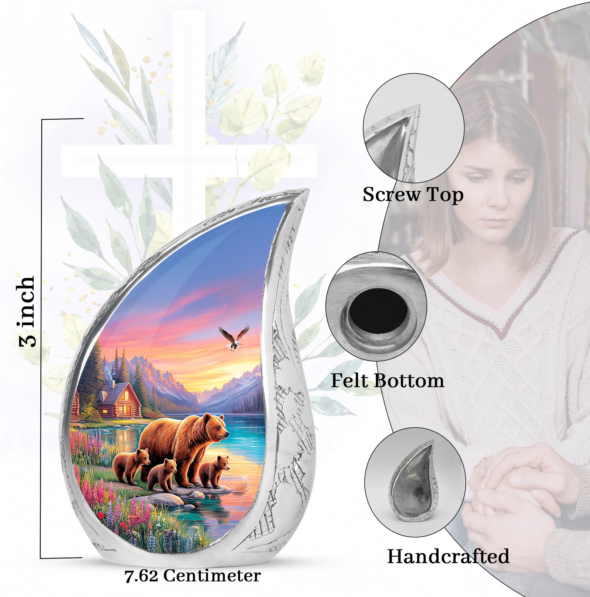 Sky Blue Bear Cremation Urn angled view of lid and engraved motif - flowing teardrop bear silhouette on curved aluminum - mini keepsake memorial for portion of cremation ashes