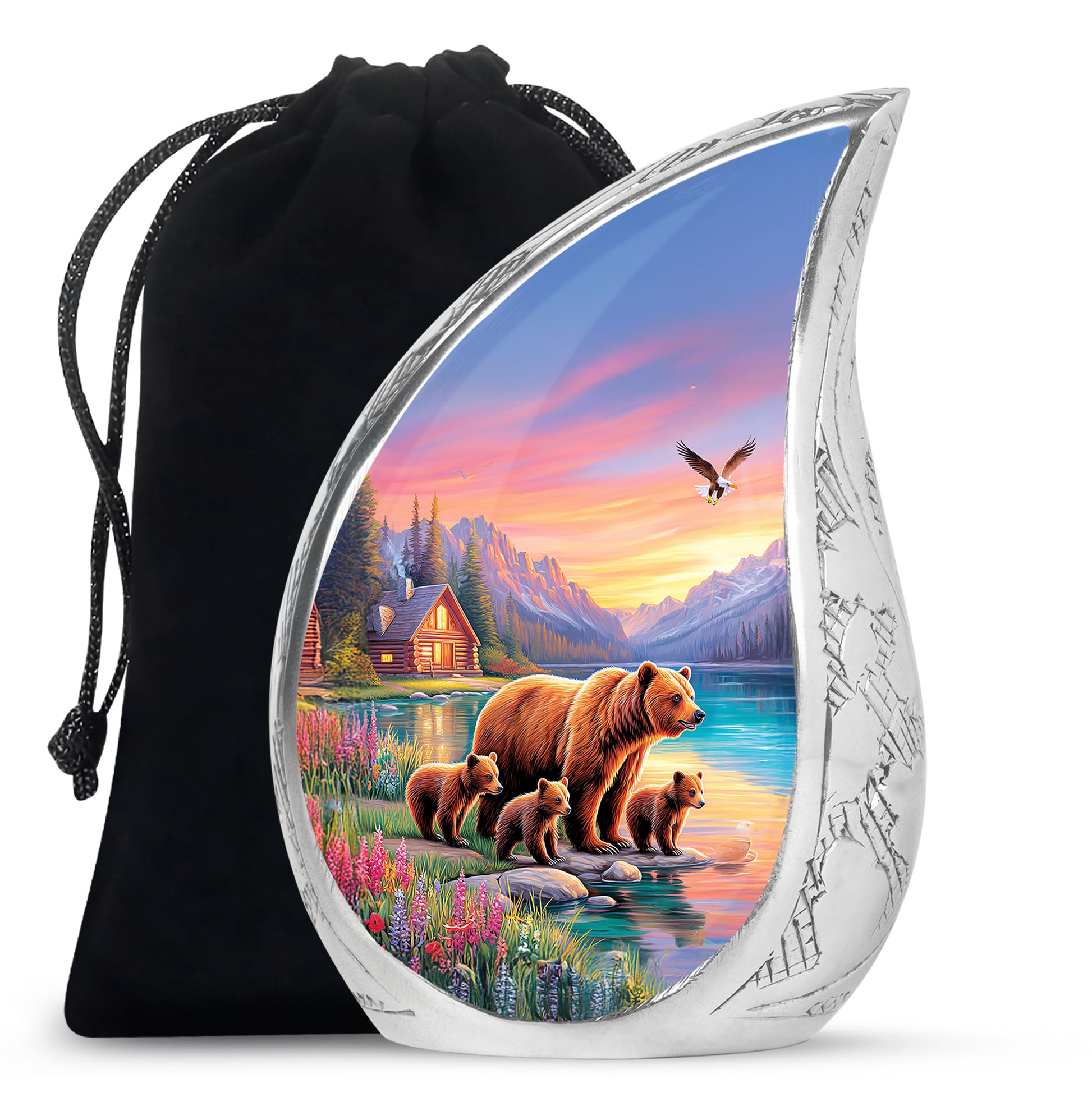 Pastel Blue Bear Cremation Urn front view showing detailed design - flowing teardrop bear silhouette on curved aluminum - full-size 10 inch 200 cubic inch adult cremation urn