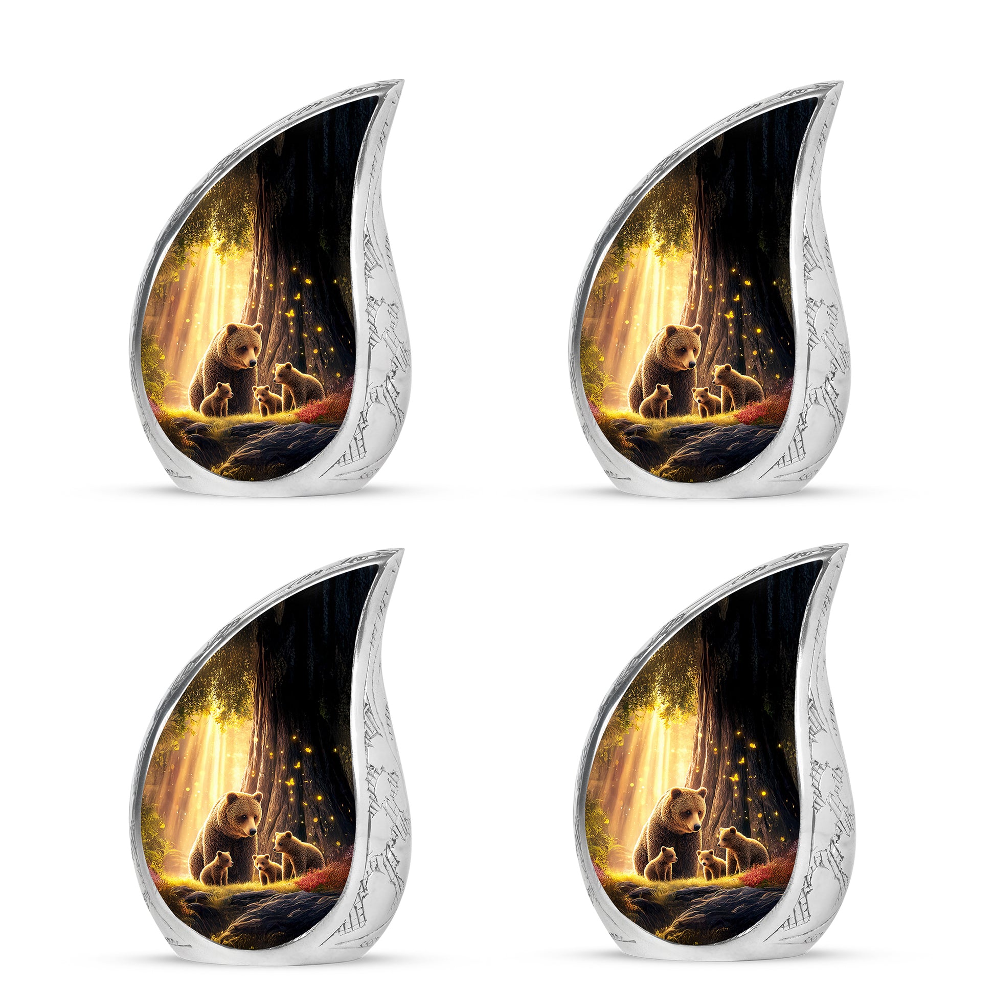 Jet Black Bear Cremation Urn close-up of engraving and surface detail - flowing teardrop bear silhouette on curved aluminum - 10 inch aluminum urn for cremated remains