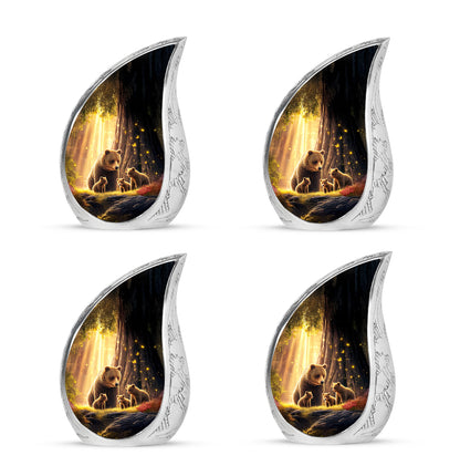 Jet Black Bear Cremation Urn close-up of engraving and surface detail - flowing teardrop bear silhouette on curved aluminum - 10 inch aluminum urn for cremated remains
