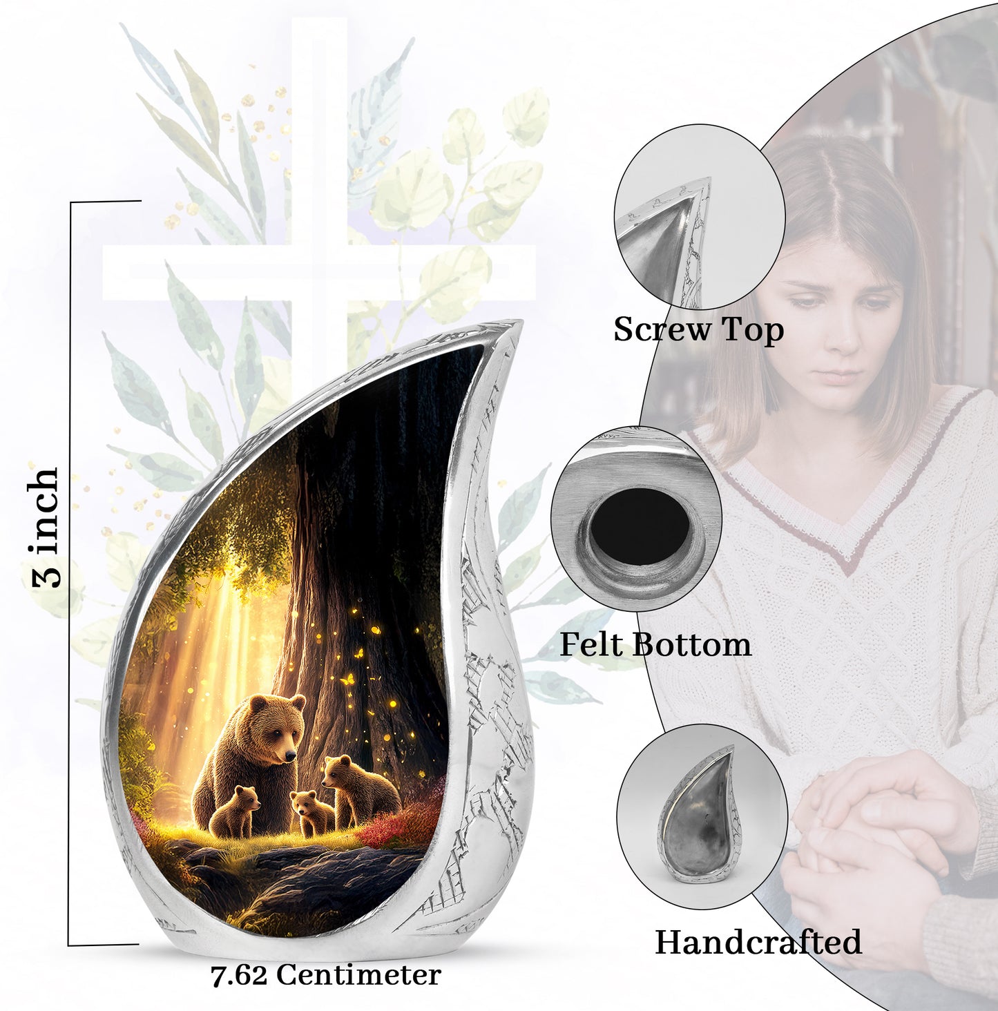 Obsidian Black Bear Cremation Urn angled view of lid and engraved motif - smooth teardrop contour featuring bear art - mini keepsake memorial for portion of cremation ashes