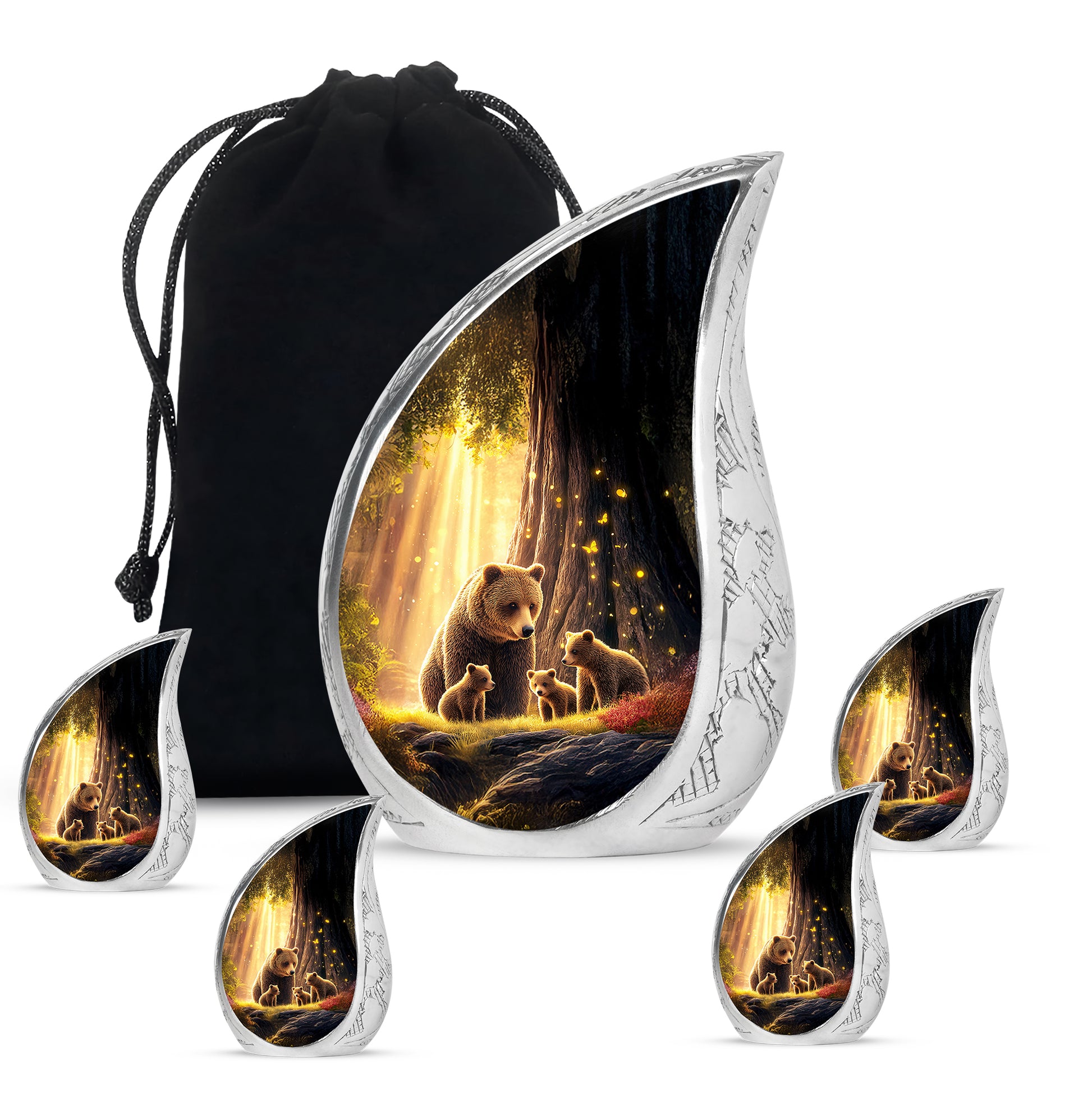 Jet Black Bear Cremation Urn side profile showing urn shape - flowing teardrop bear silhouette on curved aluminum - memorial set with one large and four small urns