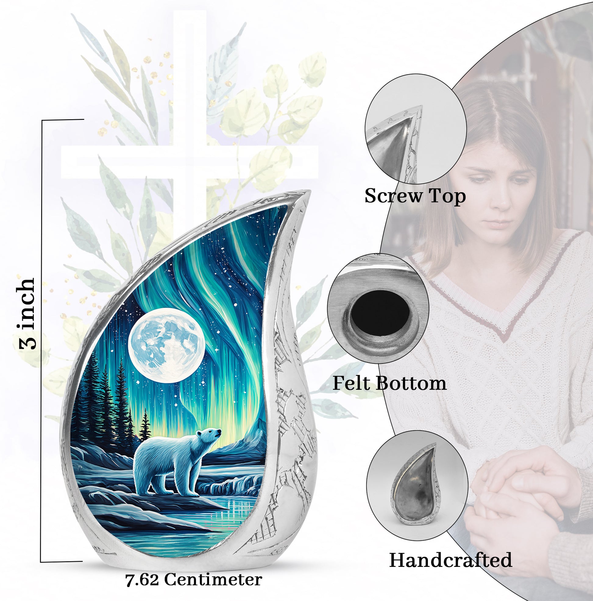 Sapphire Blue Bear Cremation Urn angled view of lid and engraved motif - graceful tear-shaped urn with bear motif - mini keepsake memorial for portion of cremation ashes