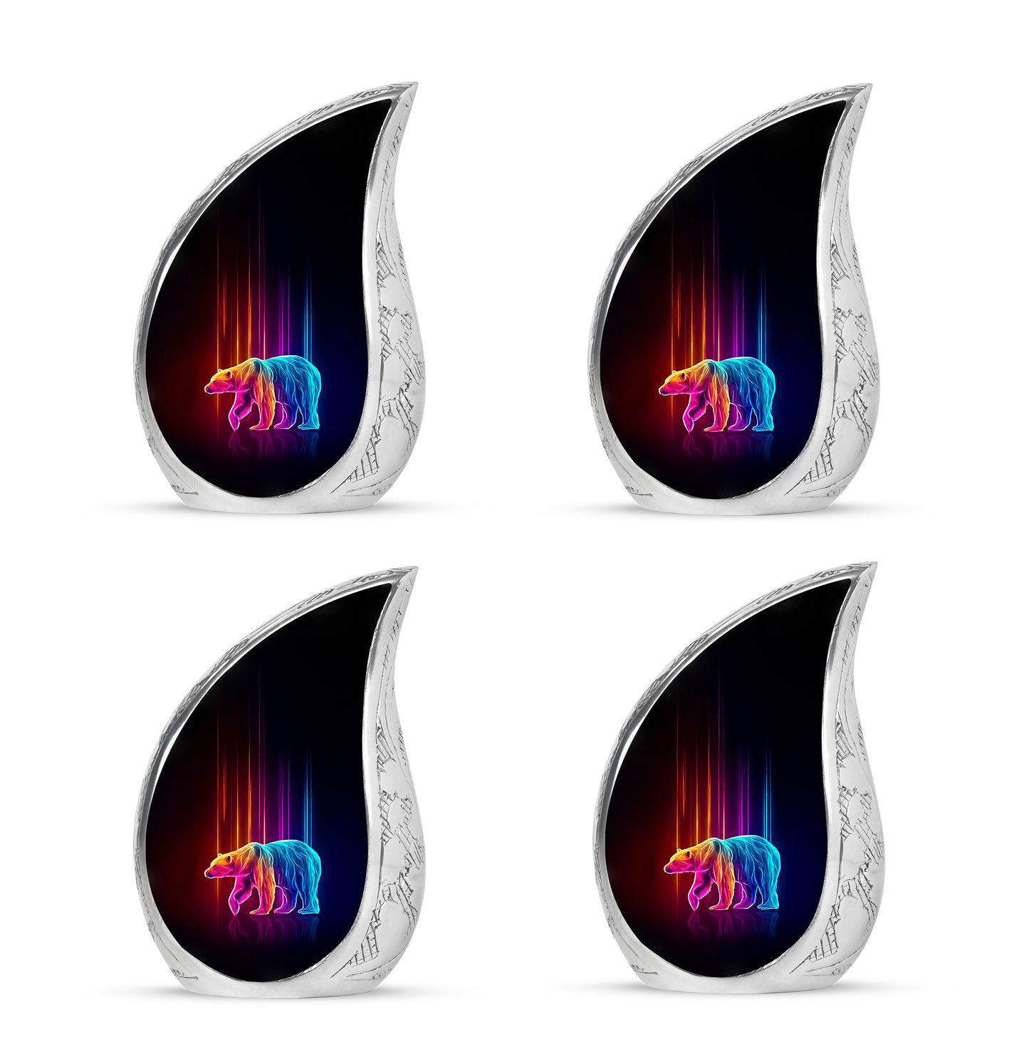 Ebony Bear Cremation Urn close-up of engraving and surface detail - rounded teardrop bear design with delicate detail - 10 inch aluminum urn for cremated remains