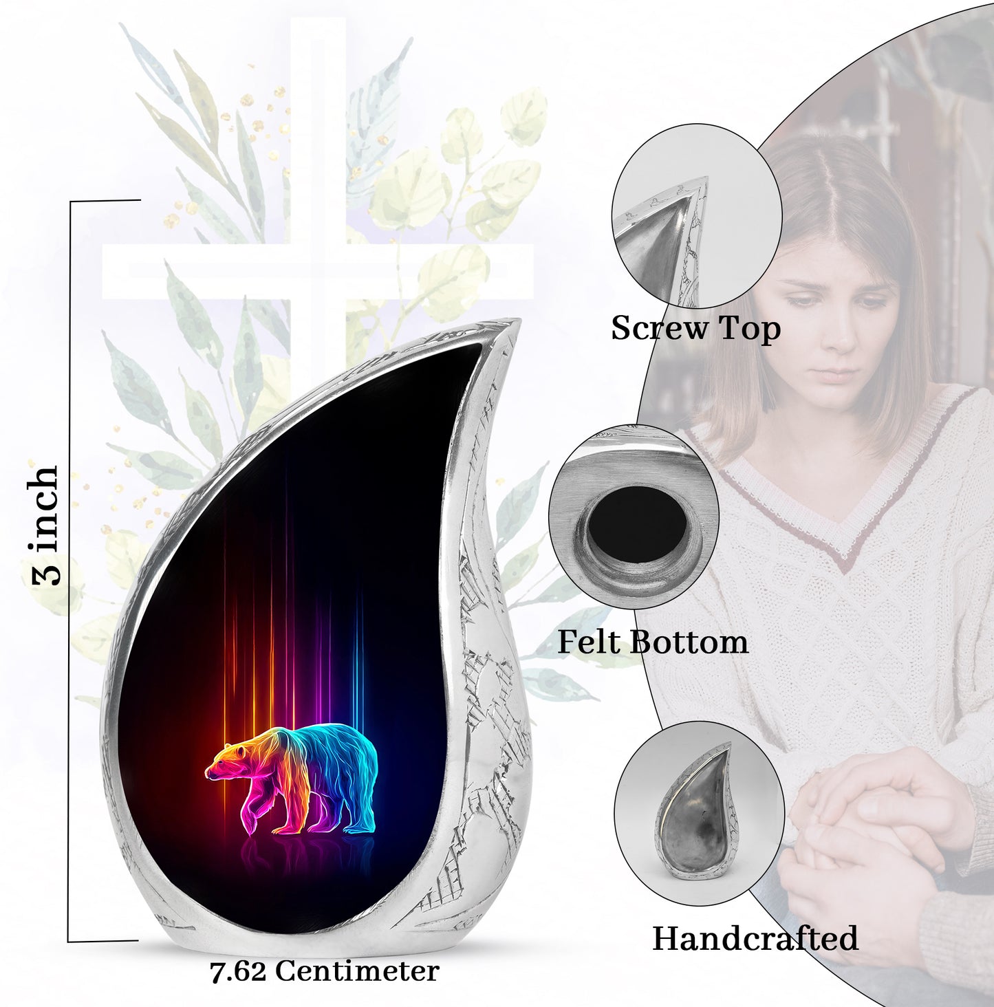 Deep Black Bear Cremation Urn angled view of lid and engraved motif - rounded teardrop bear design with delicate detail - mini keepsake memorial for portion of cremation ashes