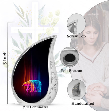 Deep Black Bear Cremation Urn angled view of lid and engraved motif - rounded teardrop bear design with delicate detail - mini keepsake memorial for portion of cremation ashes